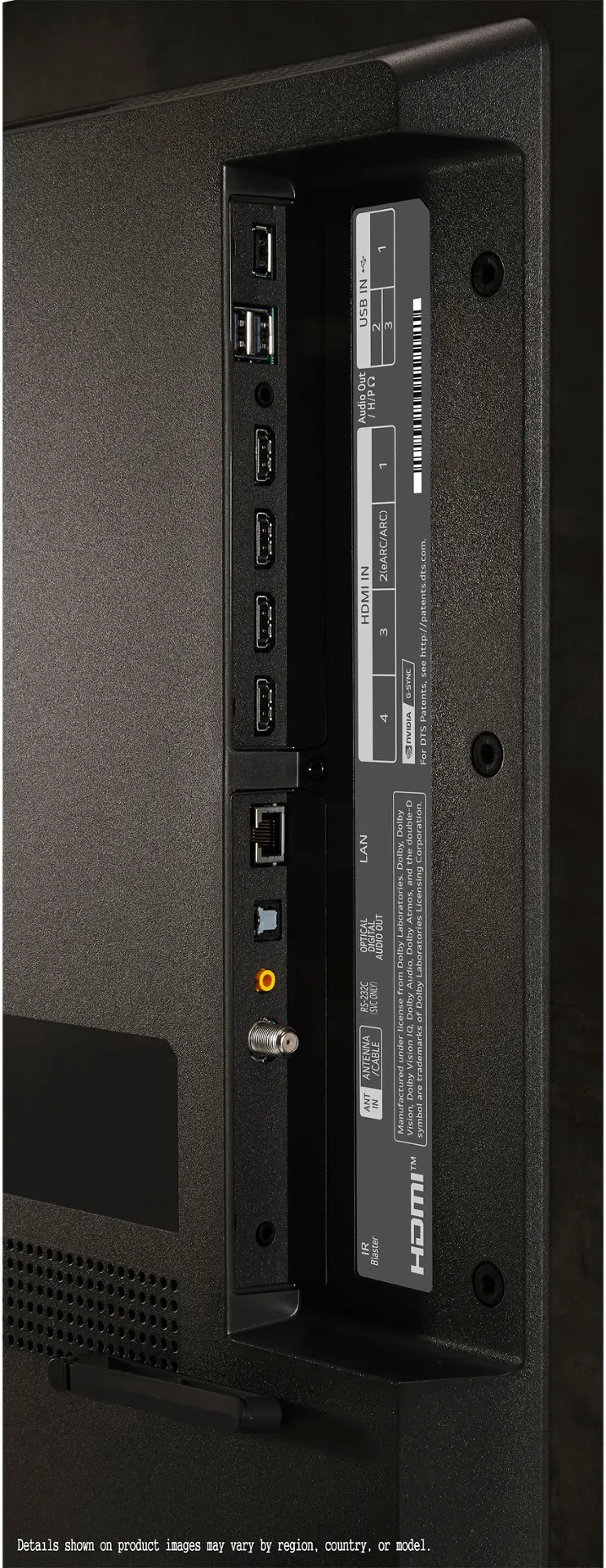The image features a computer tower with a row of ports on the back. The ports include USB, HDMI, LAN, and optical digital audio out. There are also two audio out ports, and a Blaster port. The tower is manufactured by Dolby Laboratories. The image also has a watermark that reads "patents pending."