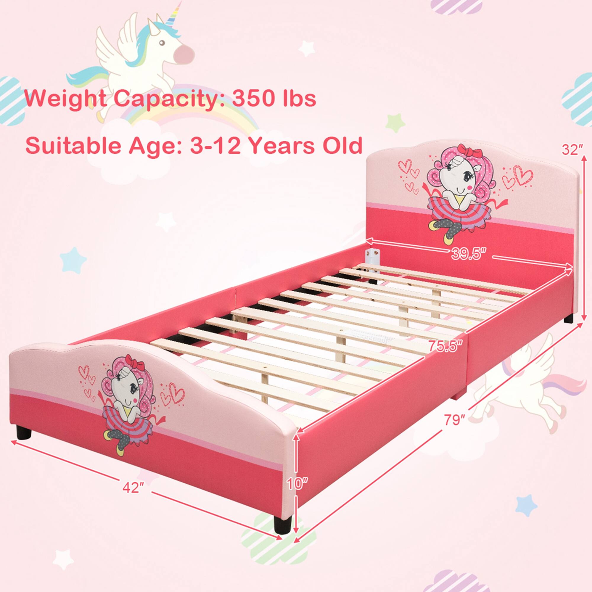 Weight Capacity: 350 lbs  
Suitable Age: 3-12 Years Old  

Dimensions:  
- Length: 79"  
- Width: 39.5"  
- Height: 32"  
- Bed Frame: 42" x 10"