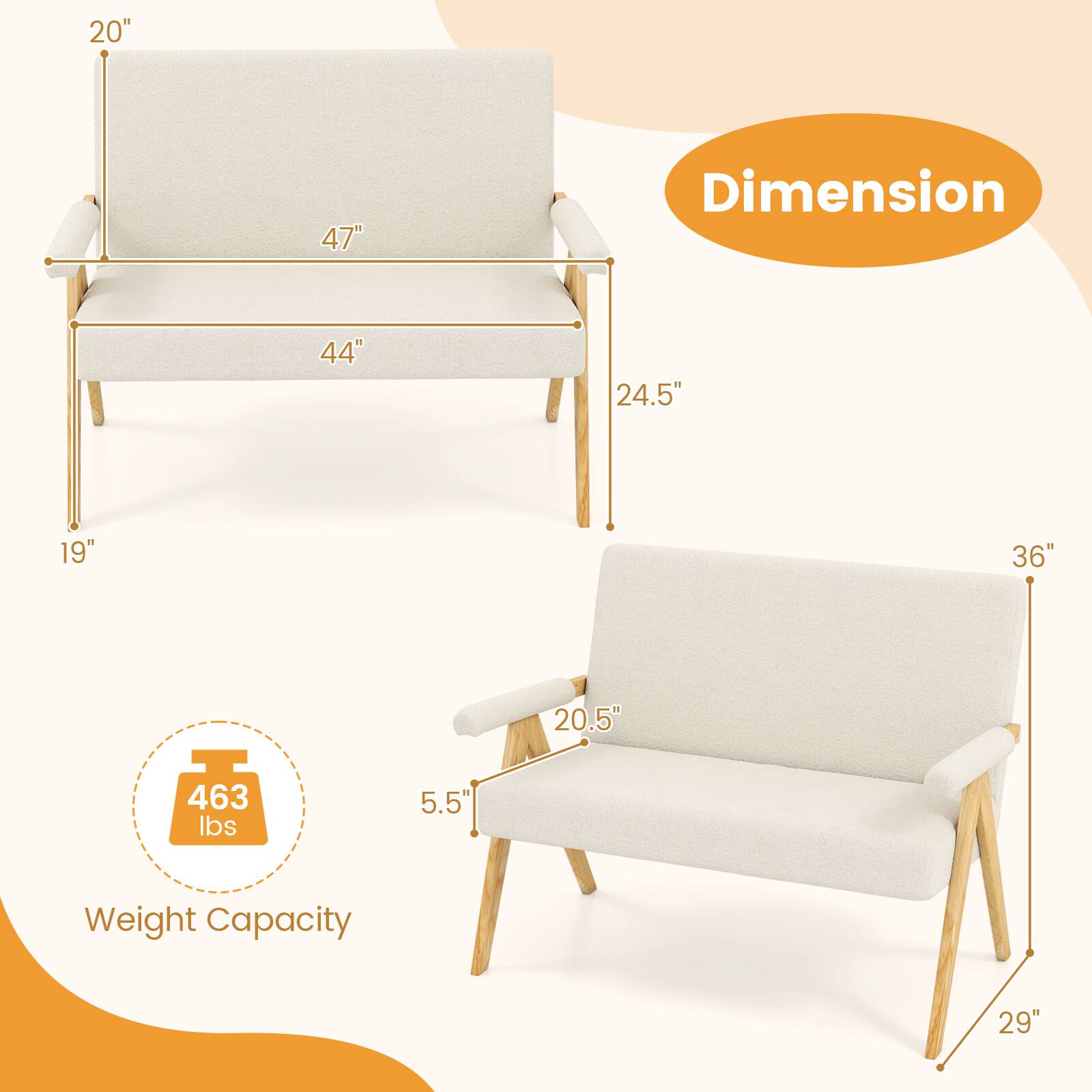 - **Dimensions:**
  - 20" (height)
  - 47" (length)
  - 44" (depth)
  - 24.5" (seat height)
  - 19" (seat depth)
  - 36" (length)
  - 20.5" (seat height)
  - 5.5" (armrest height)
  - 29" (depth)

- **Weight Capacity:**
  - 463 lbs