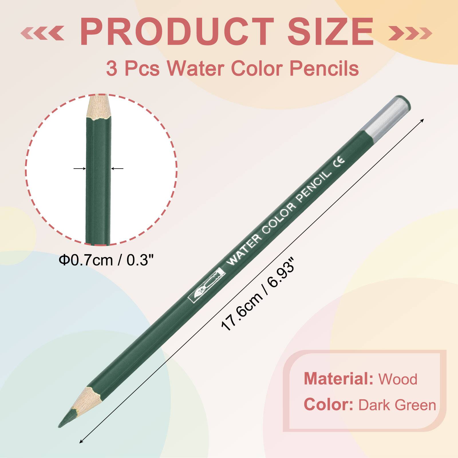 PRODUCT SIZE

3 Pcs Water Color Pencils

0.7cm / 0.3" 

17.6cm / 6.93"

Material: Wood

Color: Dark Green
