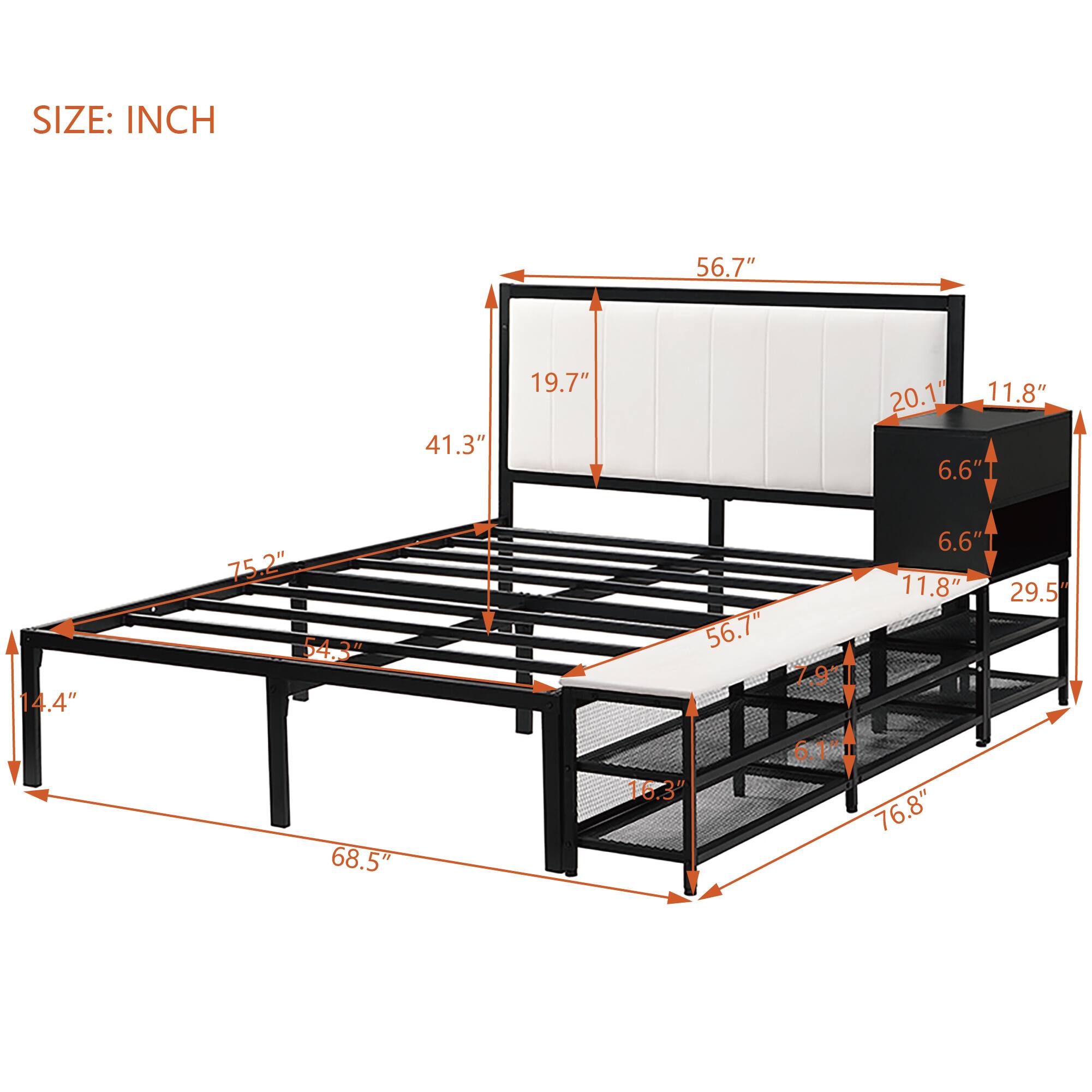 SIZE: INCH

- 56.7"
- 41.3"
- 19.7"
- 20.1"
- 11.8"
- 6.6"
- 14.4"
- 75.2"
- 54.3"
- 68.5"
- 6.6"
- 11.8"
- 29.5"
- 56.7"
- 7.9"
- 6.1"
- 16.3"
- 76.8"