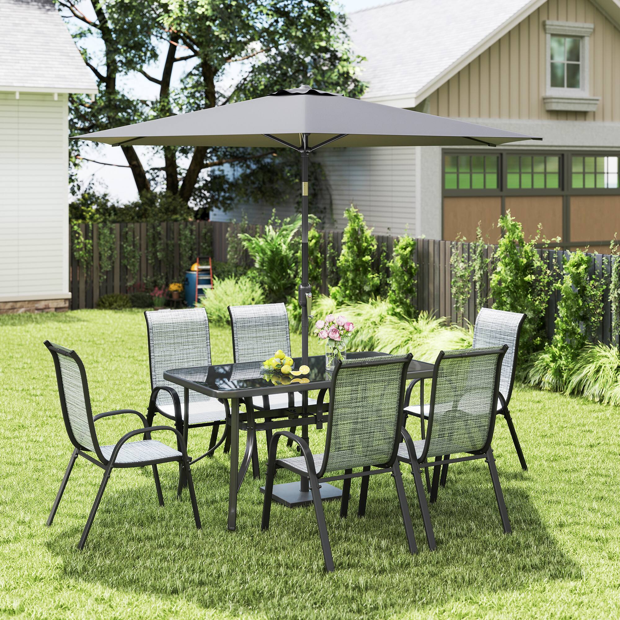 Alt View 1. Outsunny - Pieces Patio Furniture Set with 9Ft Patio Umbrella, Outdoor Dining Table and Chairs - Mixed Gray.