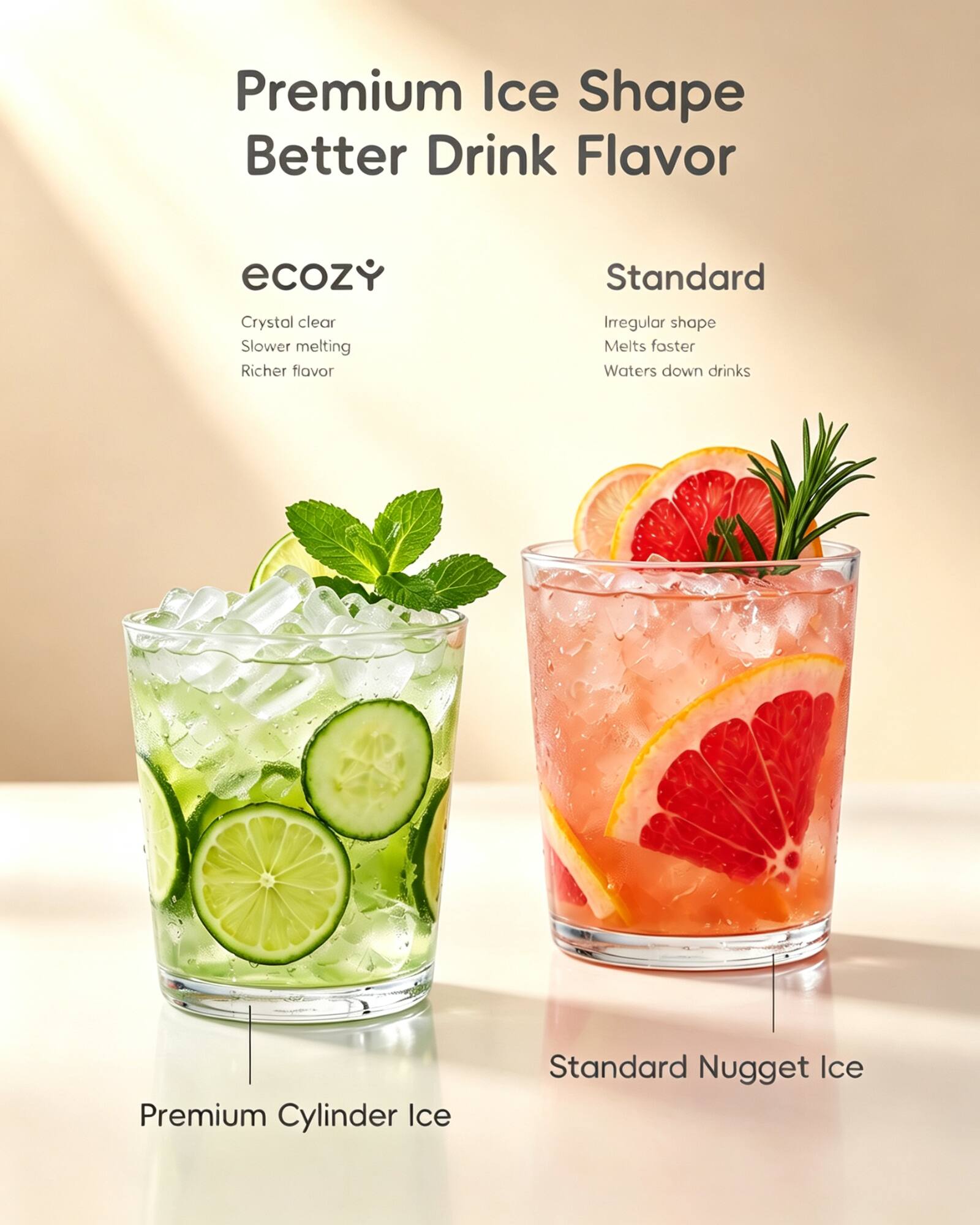 Premium Ice Shape Better Drink Flavor

Premium
- Crystal clear
- Slower melting
- Richer flavor

Standard
- Irregular shape
- Melts faster
- Waters down drinks

Premium Cylinder Ice
Standard Nugget Ice
