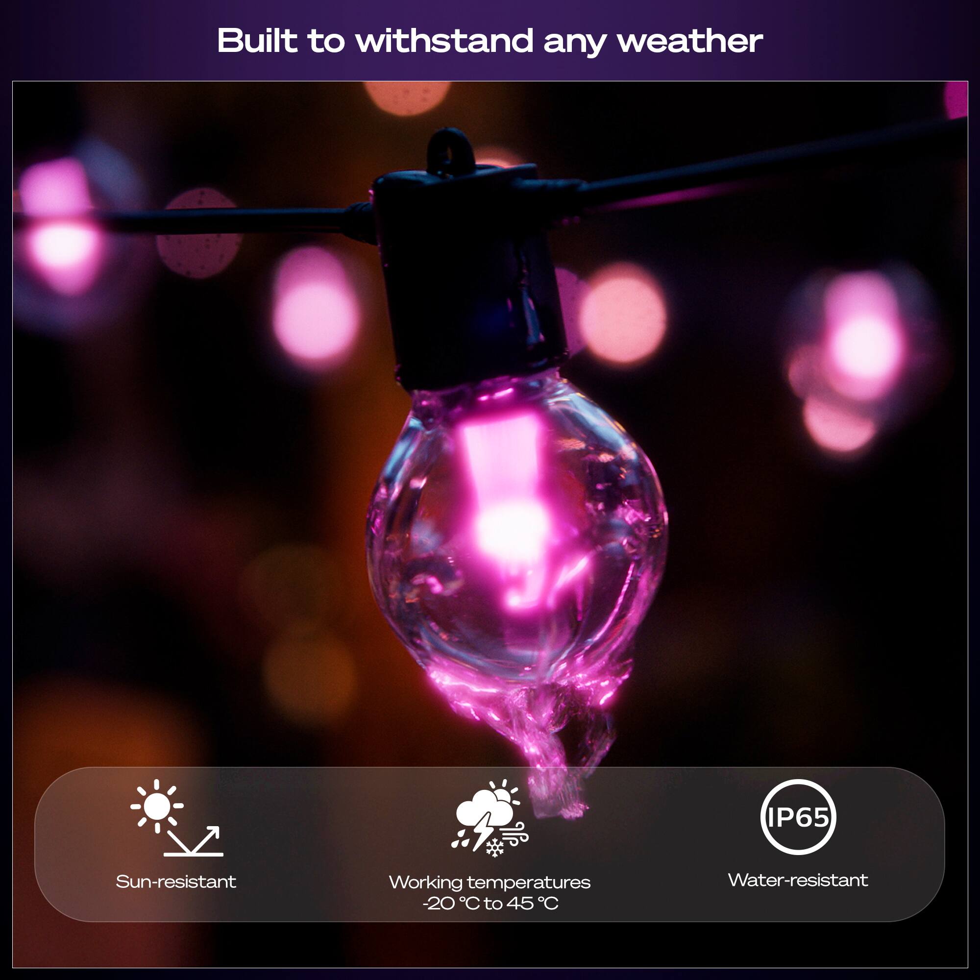 Built to withstand any weather

- Sun-resistant
- Working temperatures -20°C to 45°C
- Water-resistant
- IP65