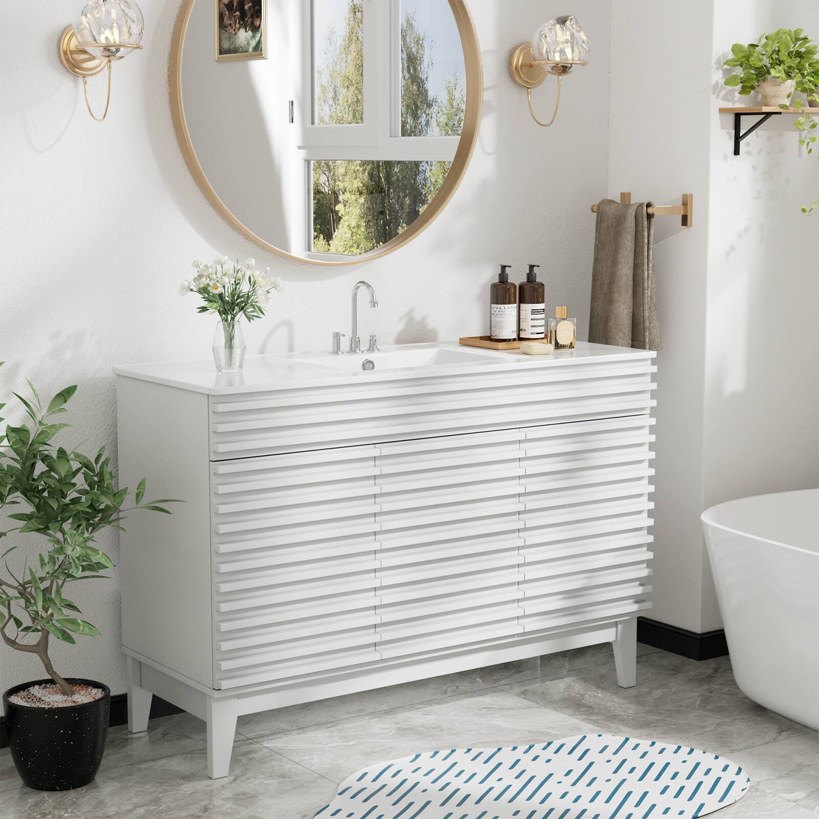 Front. LOVMOR - LOVMOR 48-in W White Freestanding Bathroom Vanity with Undermount Ceramic Sink and 2-Level Storage - White.