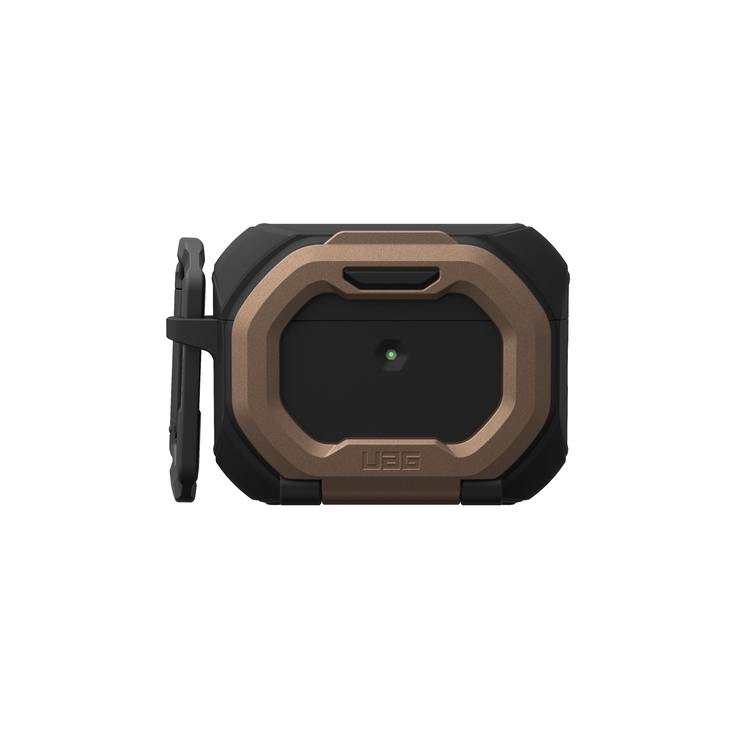 Alt View 4. UAG - AirPods Pro 3rd Gen Case w/ Built-in Phone Stand & Detachable Carabiner Clip, Rugged Protective Cover, Monarch - Black/Aged Bronze.