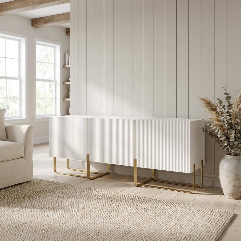 Alt View 1. Starlight Canyon Home - White Modern Wood TV Stand with 3 Cabinets for Living Room Storage - White.