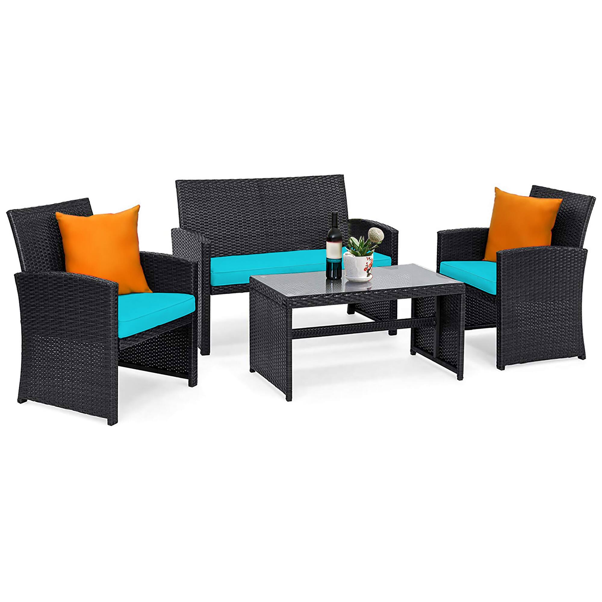 Costway - 4PCS Patio Rattan Furniture Conversation Set Cushion Sofa Table Garden - Turquoise