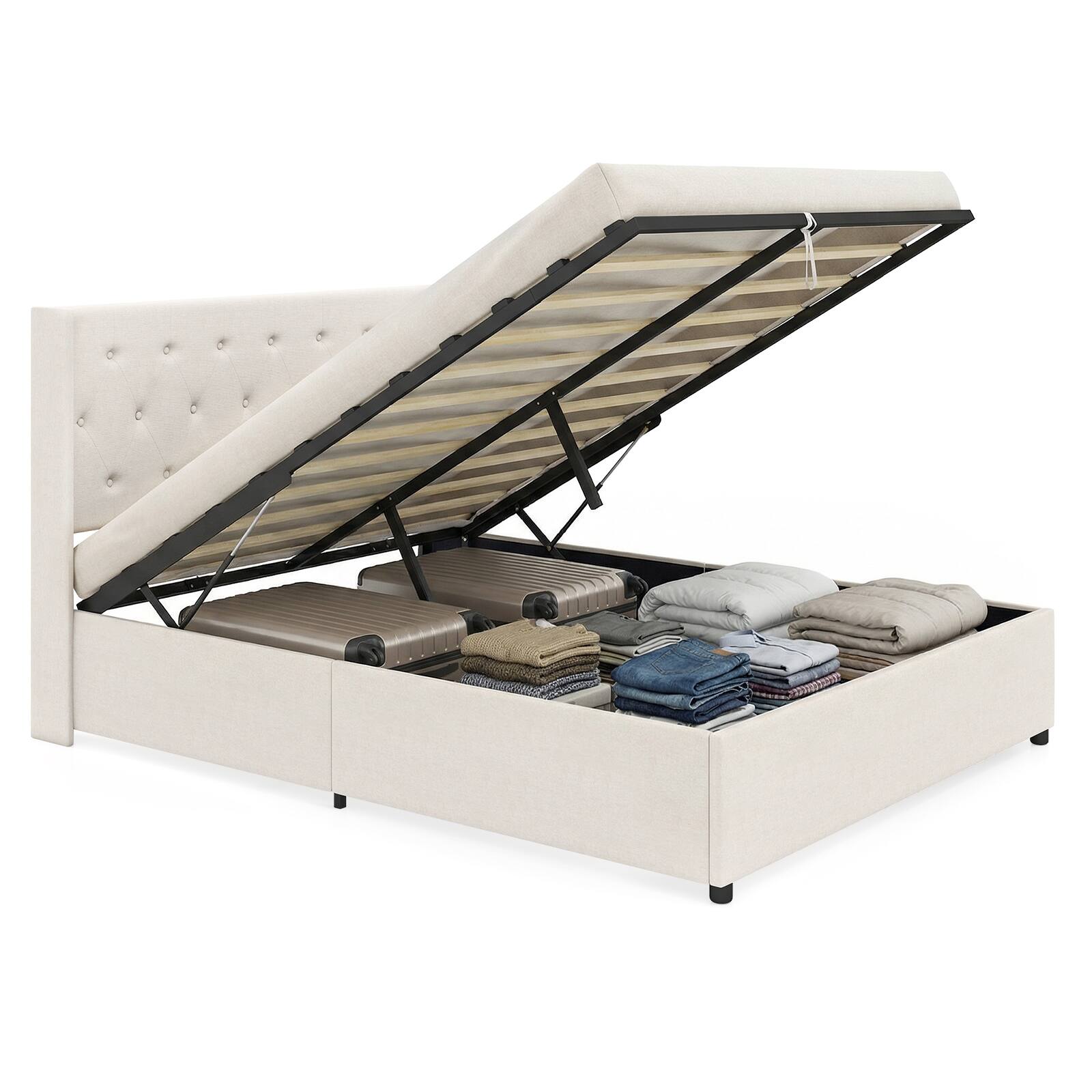 Alt View 9. Gymax - Gymax Queen Size Lift-up Storage Bed w/Tufted Wingback Headboard Hydraulic Lifts Beige - Beige.