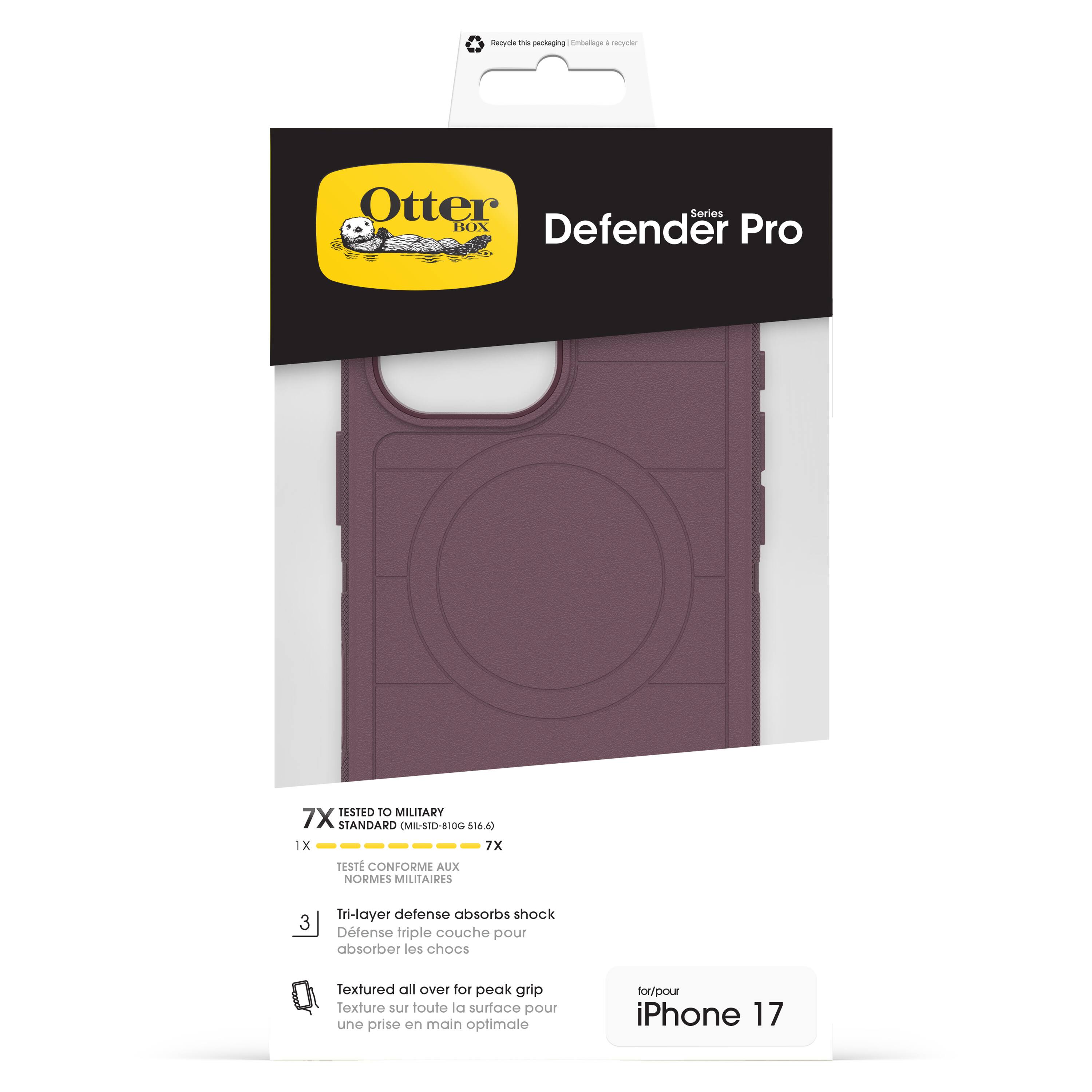 **Otter Box**

**Defender Pro**

**Series**

**7X TESTED TO MILITARY STANDARD (MIL-STD-810G 516.6)**

**1X 7X**

**TESTÉ CONFORME AUX NORMES MILITAIRES**

**3 Tri-layer defense absorbs shock**

**Défense triple couche pour absorber les chocs**

**Textured all over for peak grip**

**Texture sur toute la surface pour une prise en main optimale**

**for/pour iPhone 17**