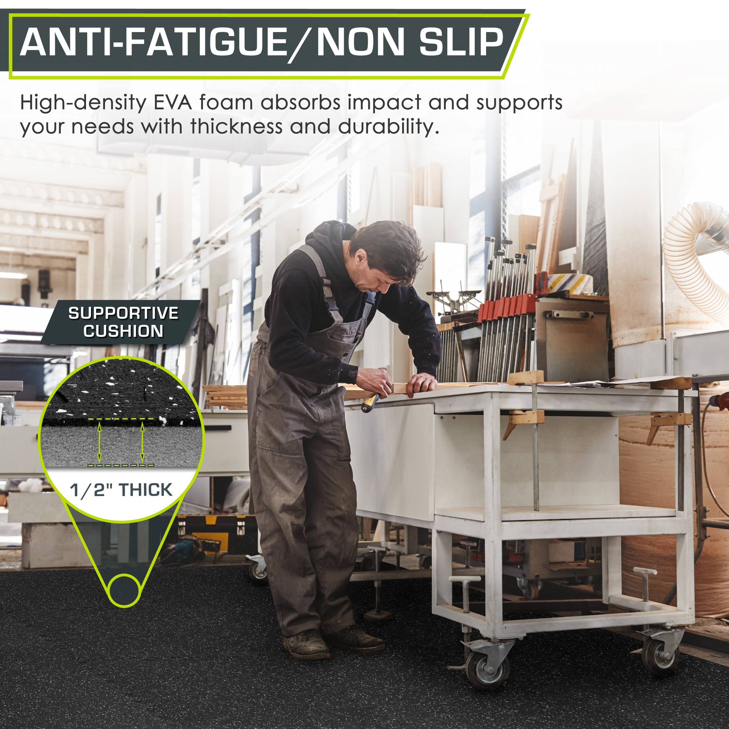 ANTI-FATIGUE/NON SLIP

High-density EVA foam absorbs impact and supports your needs with thickness and durability.

SUPPORTIVE CUSHION
1/2" THICK