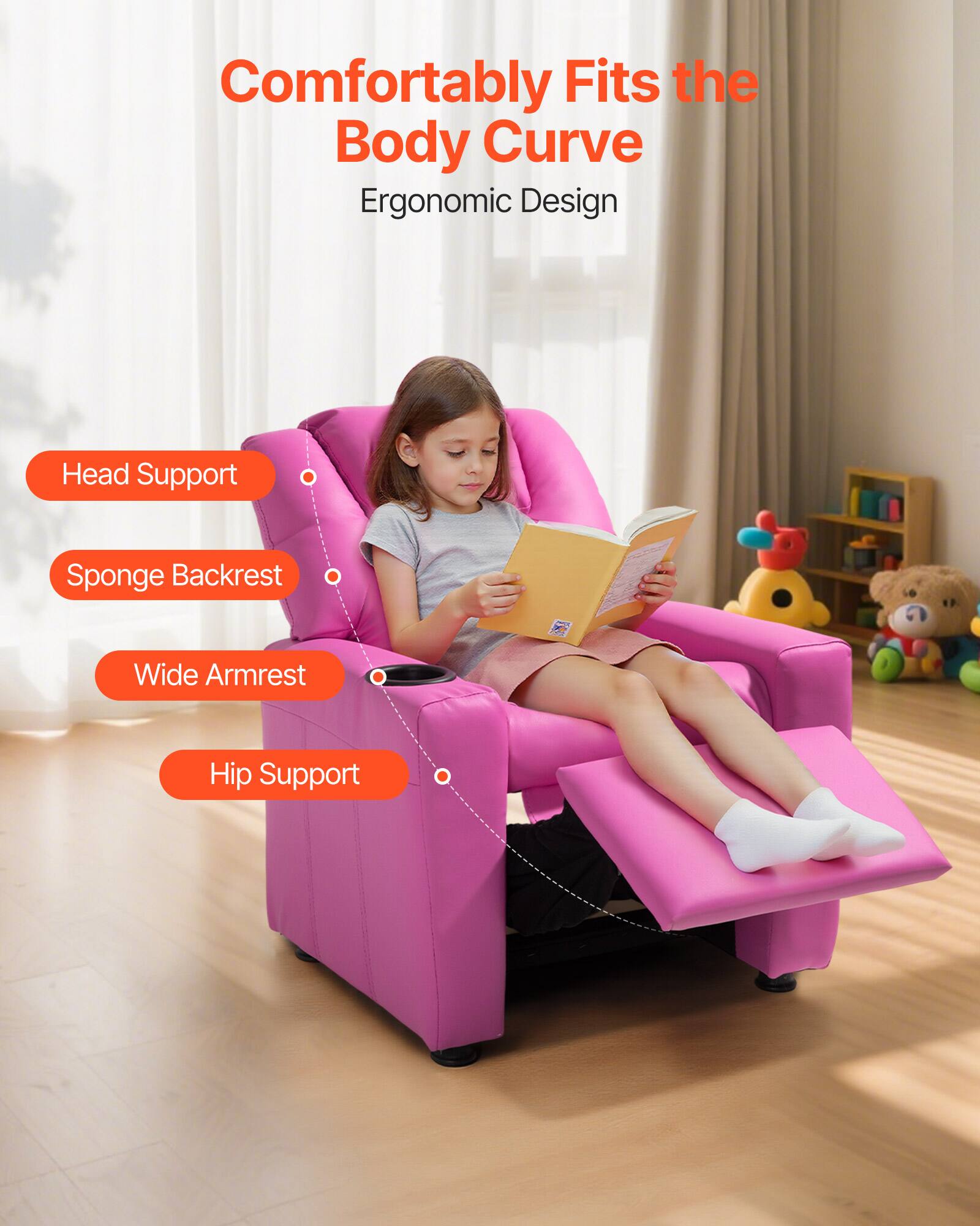 Comfortably Fits the Body Curve  
Ergonomic Design  

- Head Support  
- Sponge Backrest  
- Wide Armrest  
- Hip Support