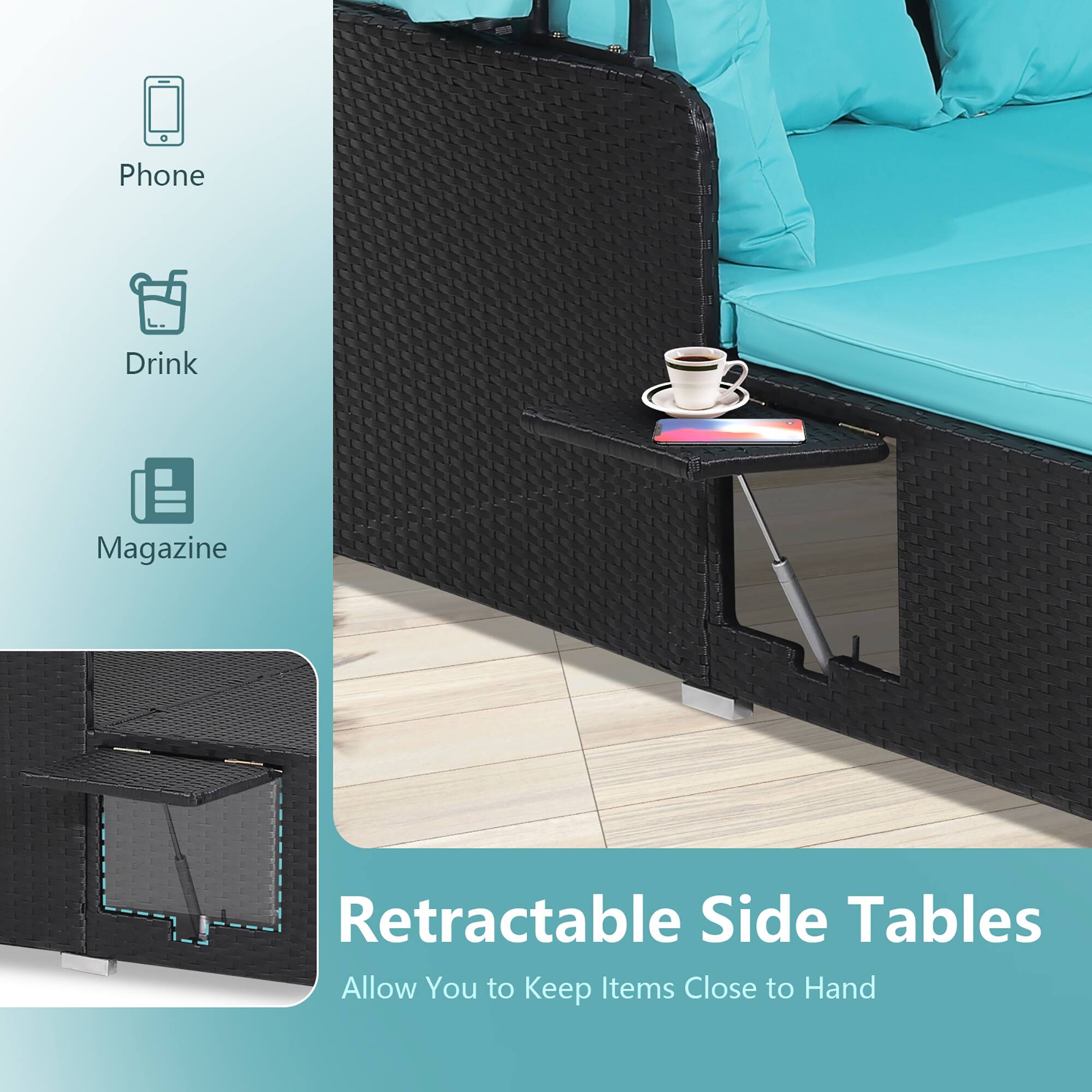 Phone  
Drink  
Magazine  

Retractable Side Tables  
Allow You to Keep Items Close to Hand