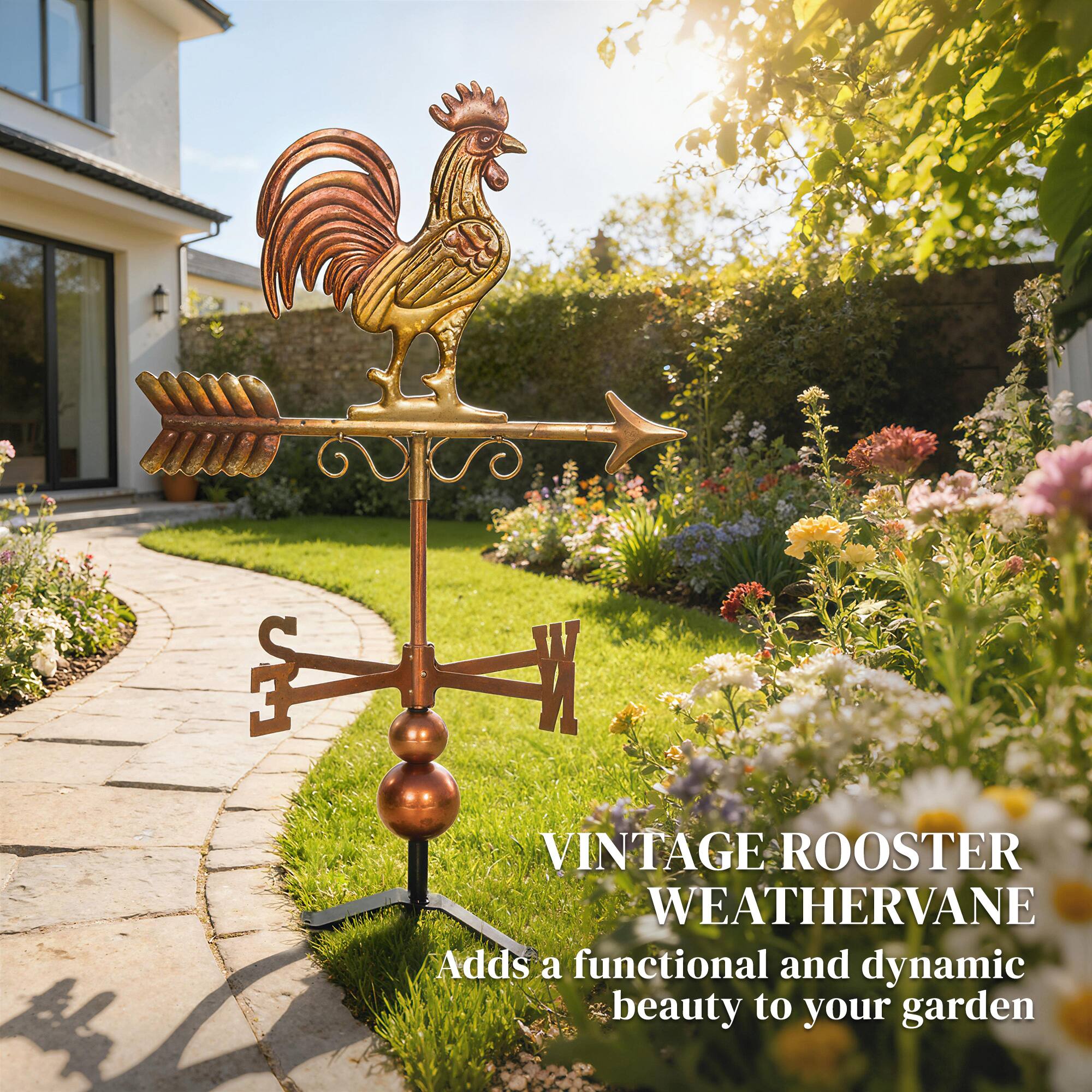 2 3 N VINTAGE ROOSTER WEATHERVANE  
Adds a functional and dynamic beauty to your garden