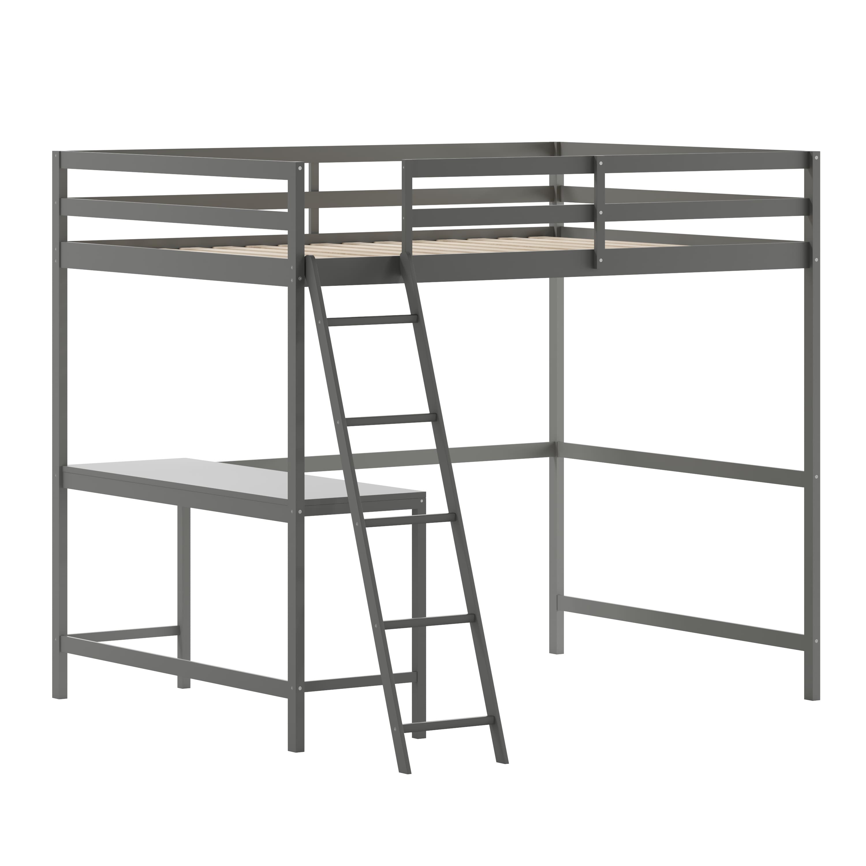 Flash Furniture - Riley Loft Bed Frame with Desk, Full Size Wooden Bed Frame with Protective Guard Rails & Ladder for Kids and Teens - Lig - Gray