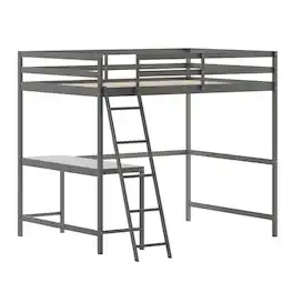Flash Furniture - Riley Loft Bed Frame with Desk, Full Size Wooden Bed Frame with Protective Guard Rails & Ladder for Kids and Teens - Lig - Gray