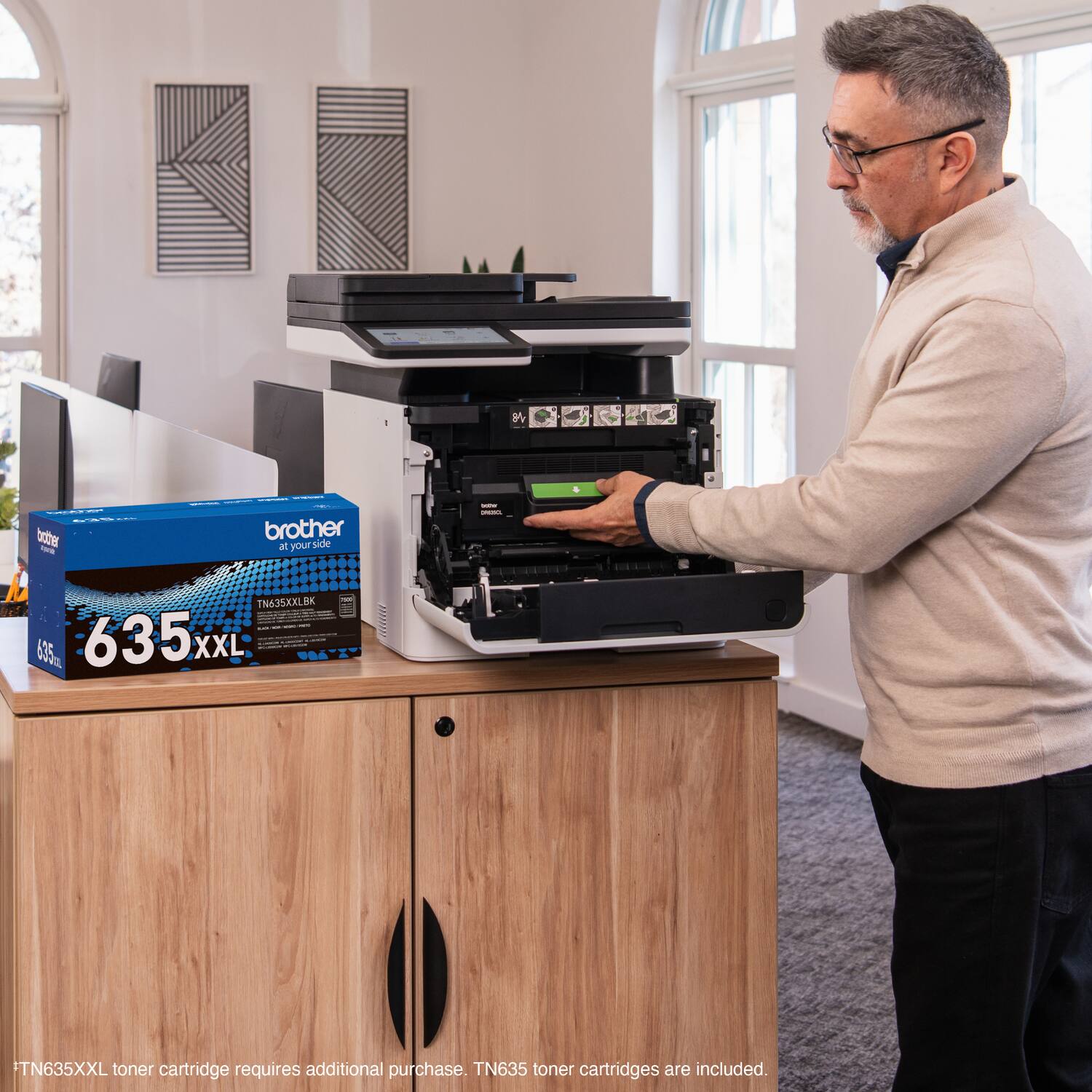 TN635XXL toner cartridge requires additional purchase. TN635 toner cartridges are included.