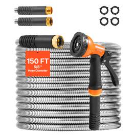 VEVOR - Metal Garden Hose 150 ft, Rust Proof Water Hose, Heavy Duty Backyard Hose with 10 Function Nozzle - Stainless Steel