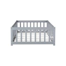 GOODSILO - Twin Size Low-Profile Children's Floor Bed with Safety Guardrails and Entry Door, Natural Wood Finish - Gray