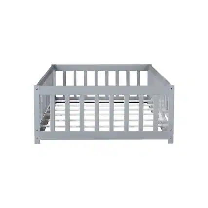 Front. GOODSILO - Twin Size Low-Profile Children's Floor Bed with Safety Guardrails and Entry Door, Natural Wood Finish - Grey.