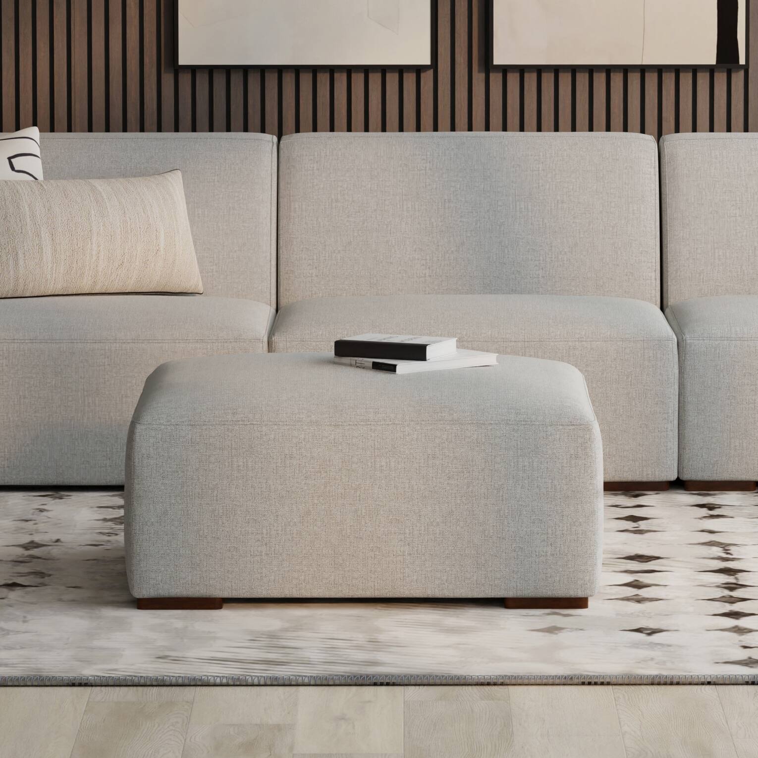 Angle. Simpli Home - Rex Ottoman in Tightly Woven Performance Fabric - Pale Grey.
