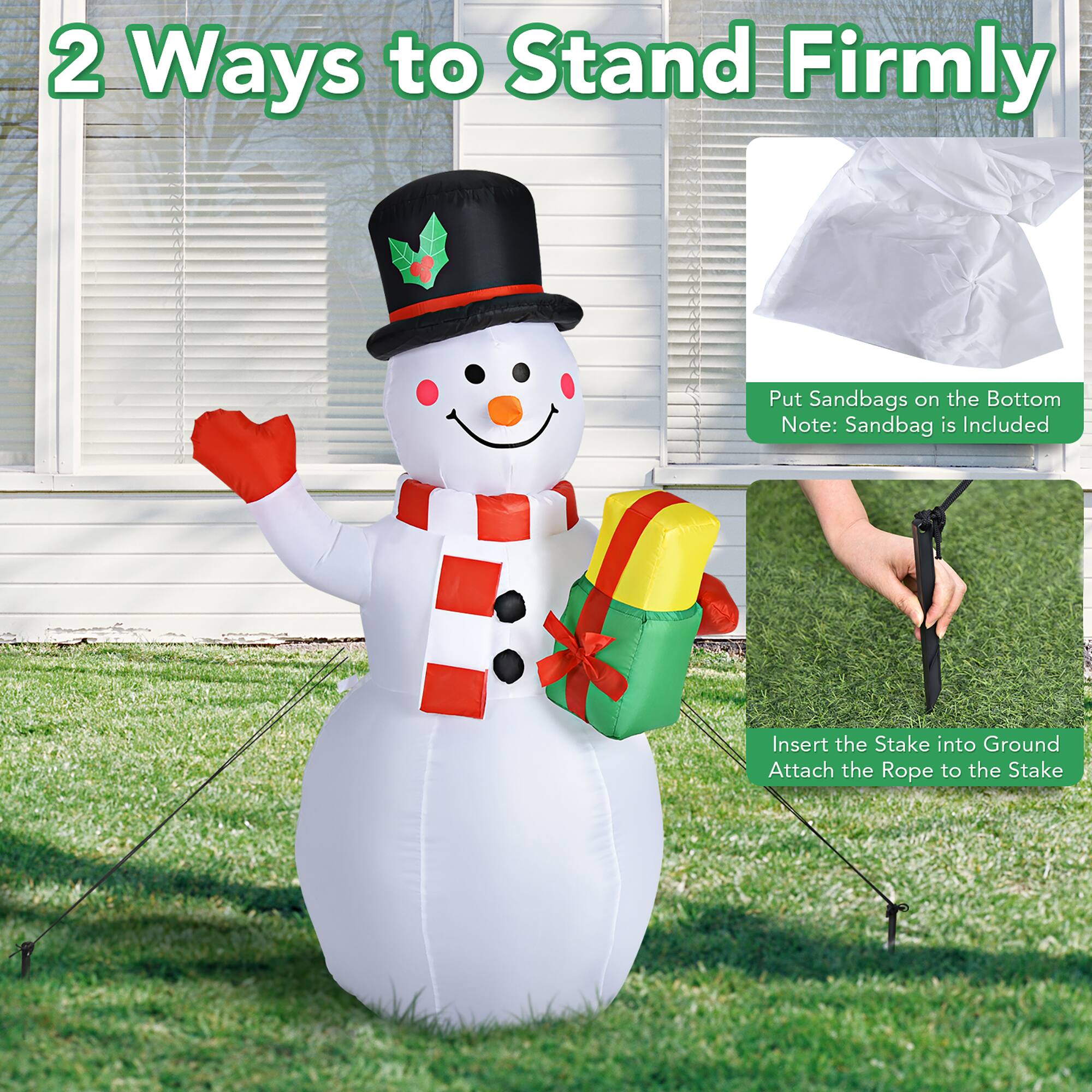2 Ways to Stand Firmly: Put Sandbags on the Bottom and Insert the Stake into Ground. Note: Sandbag is Included. Attach the Rope to the Stake.