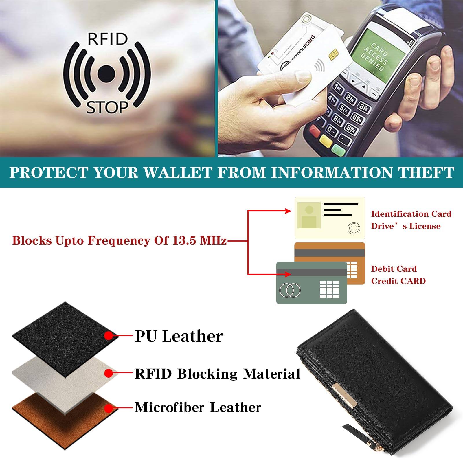 Back. Jadie Link - Slim Women Wallet Bifold Ladies Long Purse Travel Credit Card Holder Zipper Pocket Premium Vegan Leather Made - A01 Black.