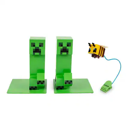 Front. Ukonic - Minecraft 2-Piece Reader Bundle | Bee Reading Light & Creeper Bookends - Green.