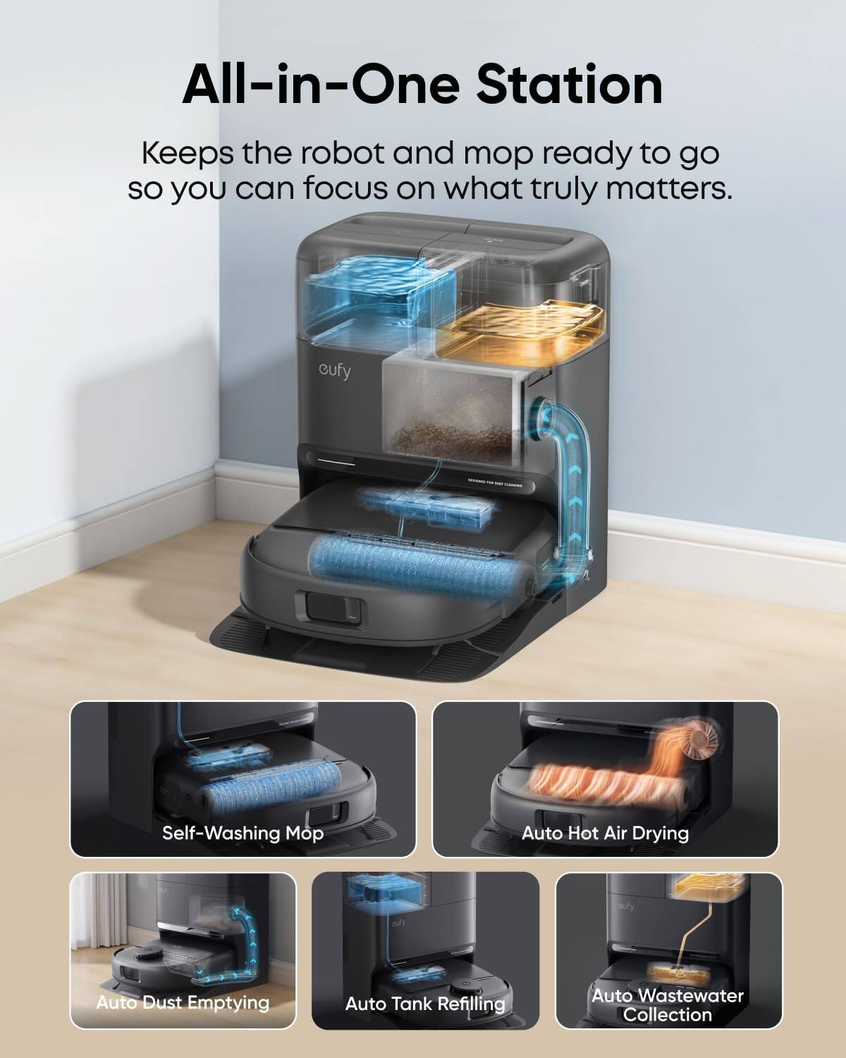 All-in-One Station  
Keeps the robot and mop ready to go so you can focus on what truly matters.

- Self-Washing Mop
- Auto Hot Air Drying
- Auto Dust Emptying
- Auto Tank Refilling
- Auto Wastewater Collection