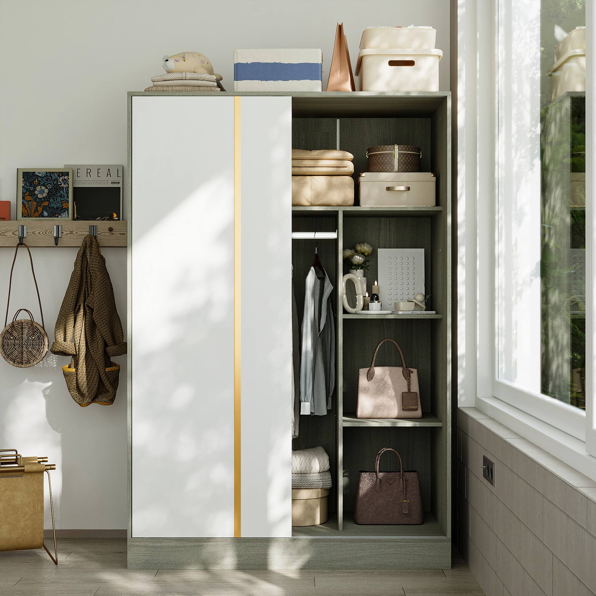 Back. Famapy - Famapy Sliding Door Armoires Modern Wood Closet Organizer with Adjustable Storage Wardrobe - White & Gray.