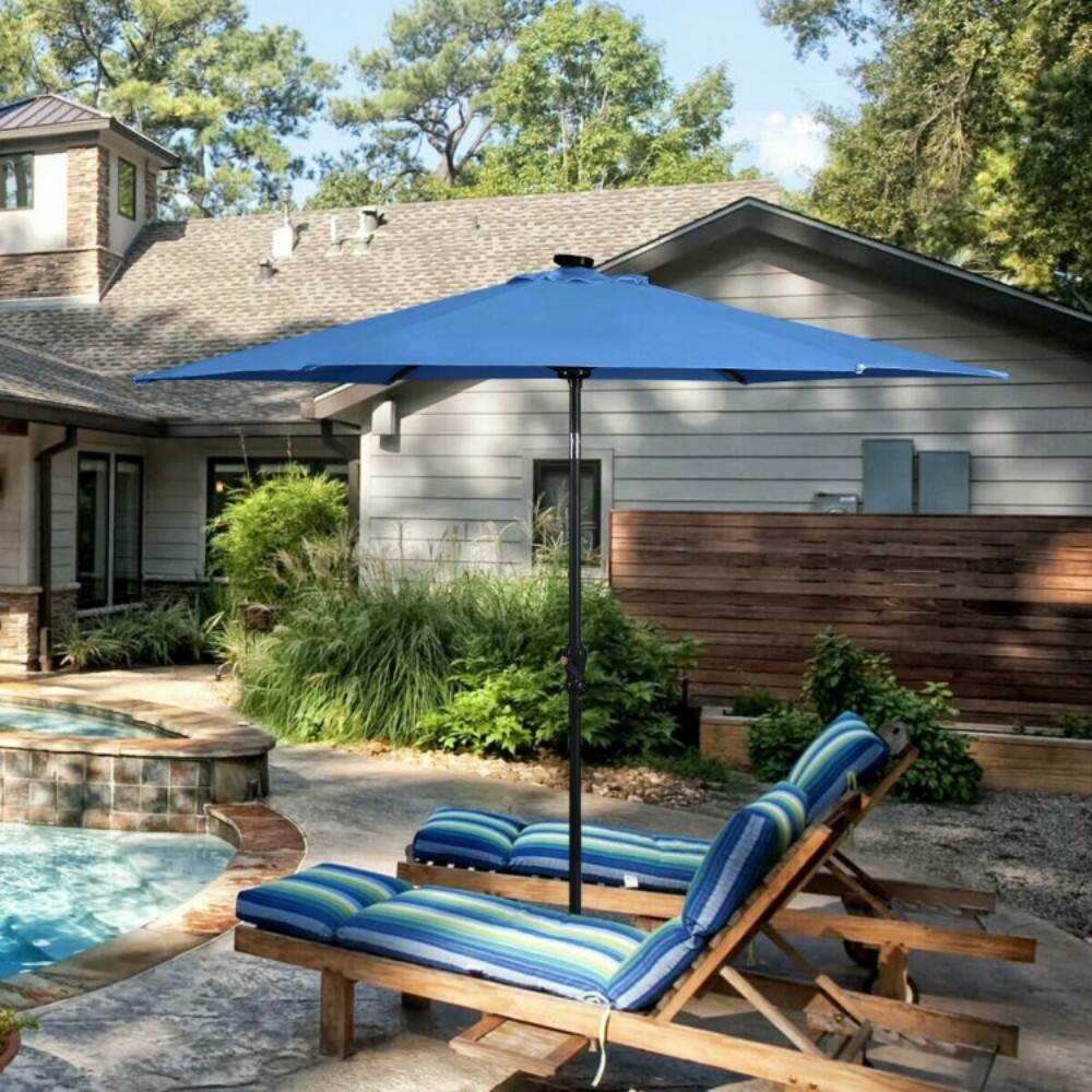 Back. Mondawe - 9 Feet Patio Umbrella LED Solar with Crank - Blue.