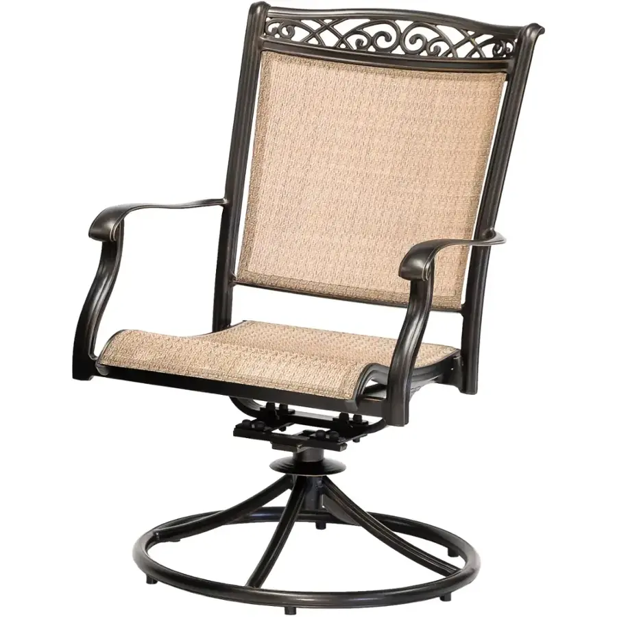 Alt View 16. Hanover - Fontana 7-Piece Outdoor Dining Set with 6 Sling Swivel Rockers and a 38-In. x 72-In. Cast-Top Table - Tan/Bronze.