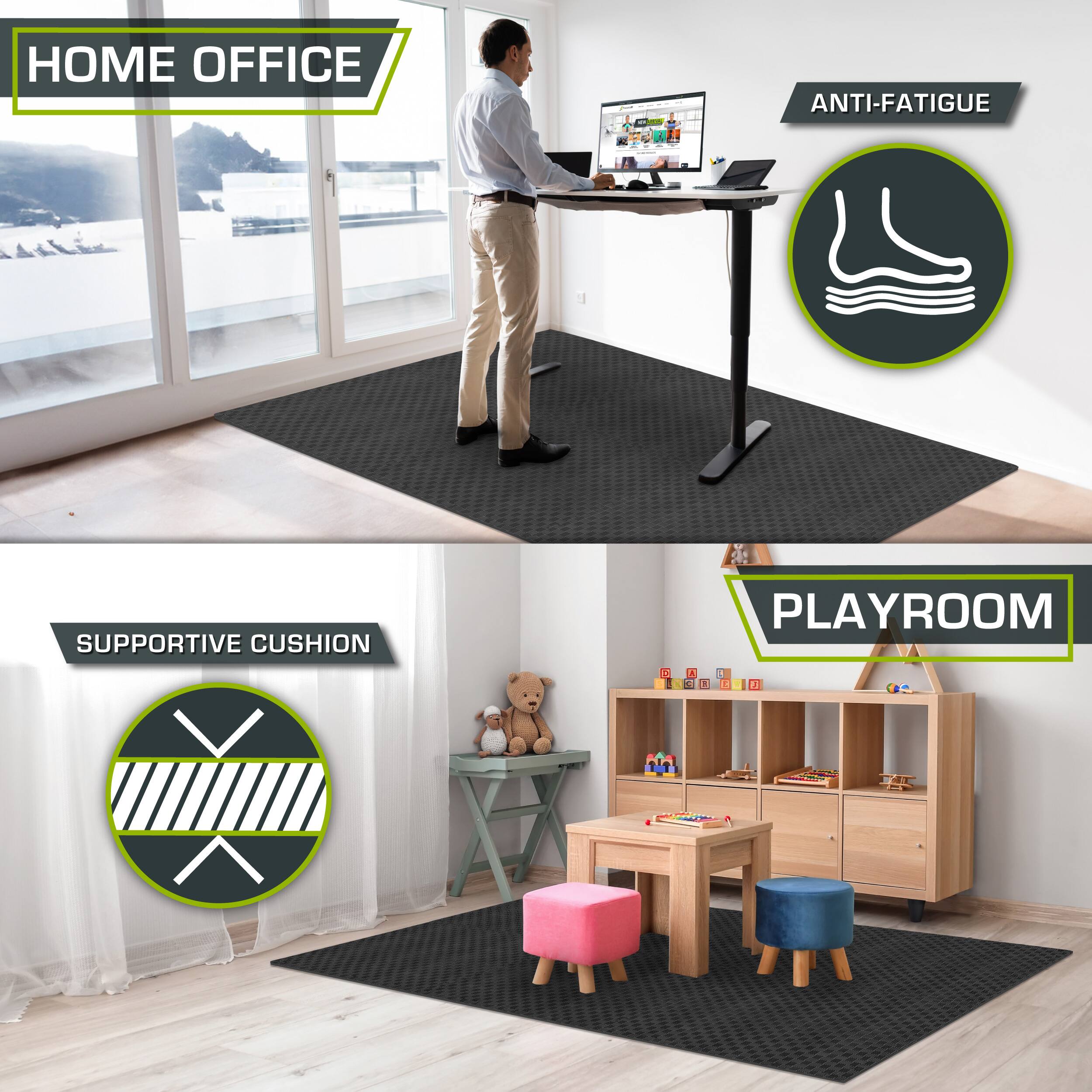 The corrected text from the image is:

- HOME OFFICE
- ANTI-FATIGUE
- SUPPORTIVE CUSHION
- PLAYROOM