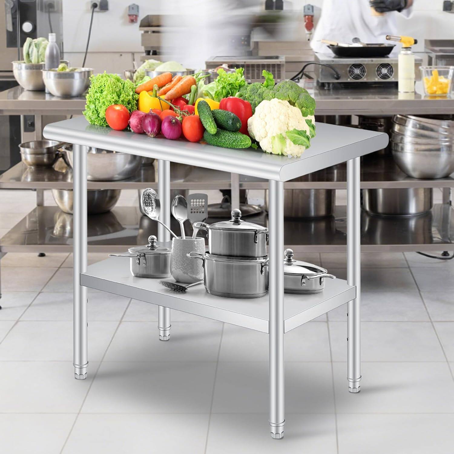 Angle. Jojoka - 24"x60" Stainless Steel Work Table with Adjustable Undershelf & Rounded Corners, Heavy Duty Commercial Prep,No wheels - Silver.