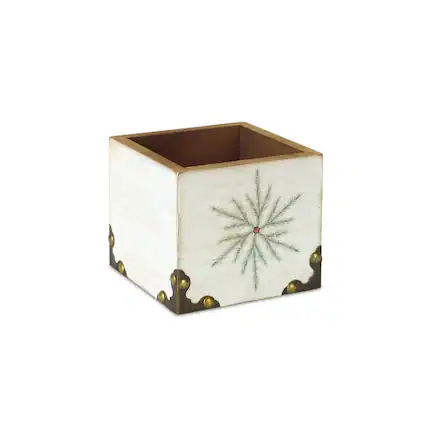 Front. Melrose - Snowflake Square Christmas Storage Box - 4.5" - White and Green - White.