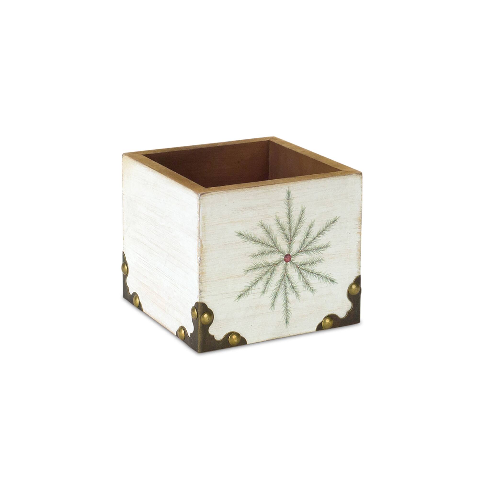 Front. Melrose - Snowflake Square Christmas Storage Box - 4.5" - White and Green - White.