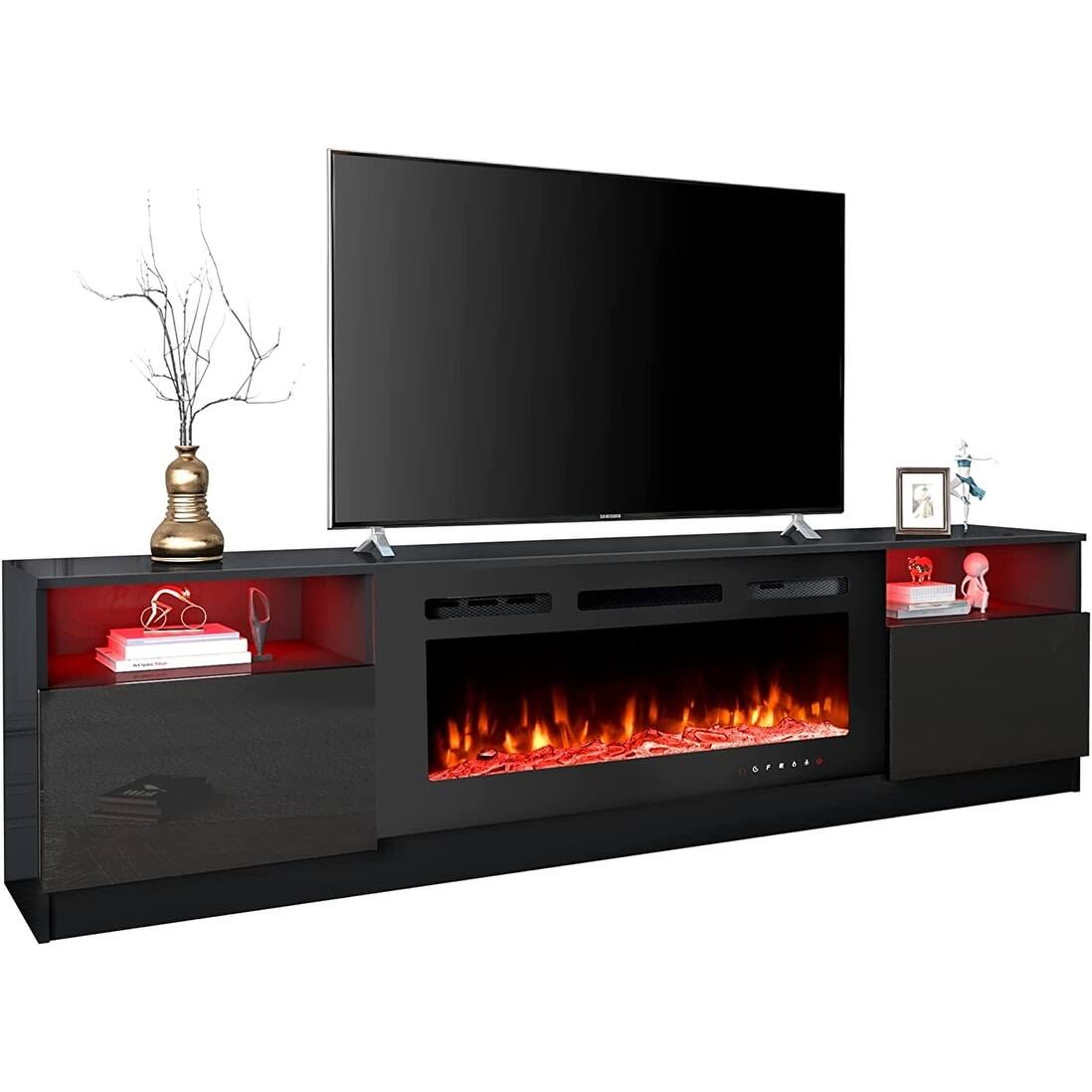 U-HOMY - 36'' Electric Fireplace TV Stand, Modern Entertainment Center with Storage & LED Lights for TVs up to 80'' - Black