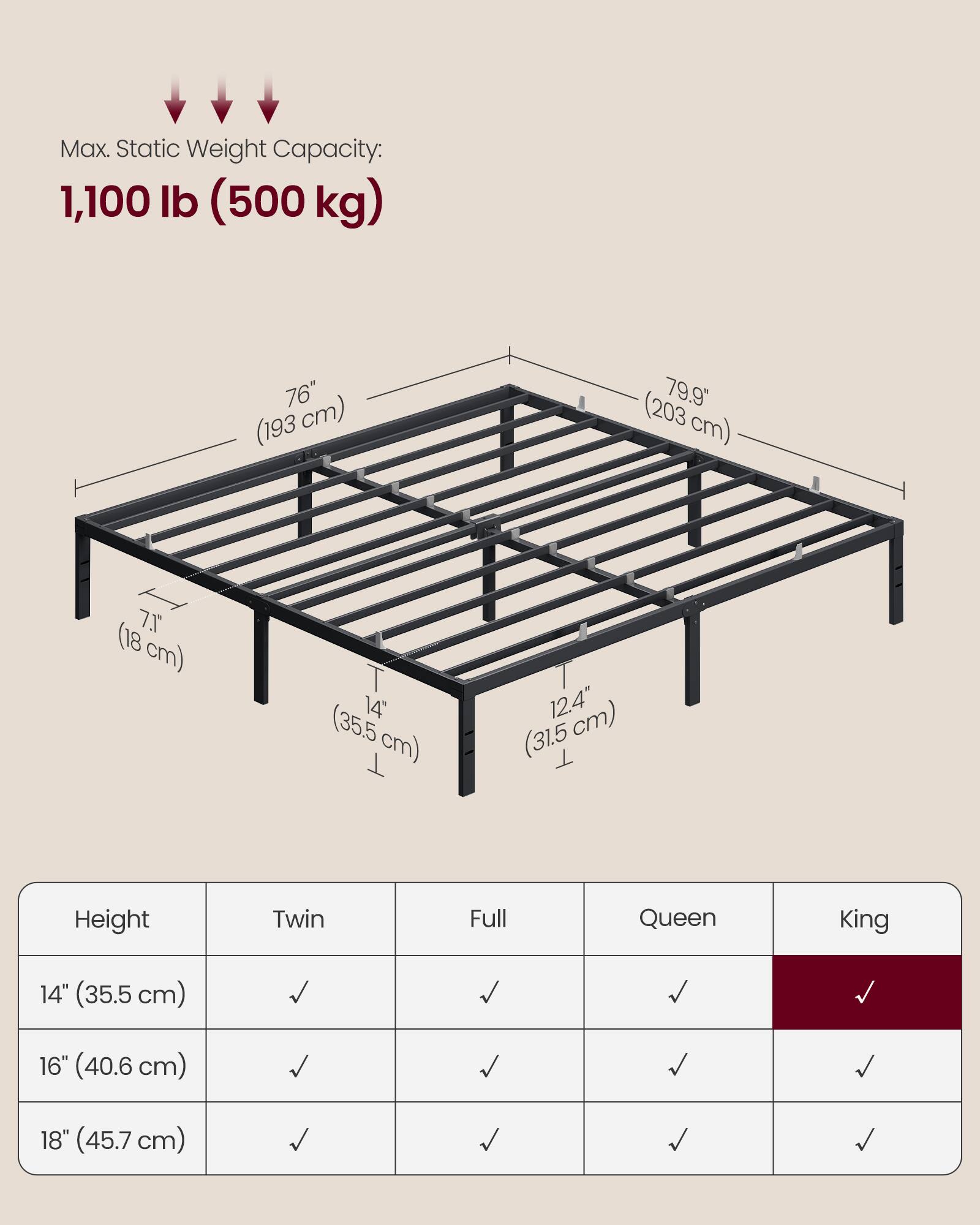 Max. Static Weight Capacity: 1,100 lb (500 kg)

76" (193 cm)  
79.9" (203 cm)  
7" (18 cm)  
14" (35.5 cm)  
12.4" (31.5 cm)

Height | Twin | Full | Queen | King
--- | --- | --- | --- | ---
14" (35.5 cm) | ✓ | ✓ | ✓ | ✓
16" (40.6 cm) | ✓ | ✓ | ✓ | ✓
18" (45.7 cm) | ✓ | ✓ | ✓ | ✓
