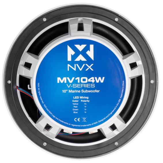 NX NVX MV104W NVX V-SERIES 10" Marine Subwoofer

- China E
- All rights reserved
- Assembled in the USA
- Color: Yellow
- Polarity: V+ (Red) and V- (Green)
- LED Wiring
- Engineered and designed by NVX
- CE trademarks
- NVX logo
- Blue V.