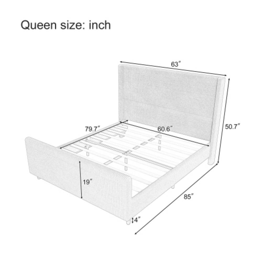 Queen size:  
- Length: 85"  
- Width: 63"  
- Height: 19"  
- Inside Length: 79.7"  
- Inside Width: 60.6"  
- Inside Height: 50.7"  
- Depth: 14"