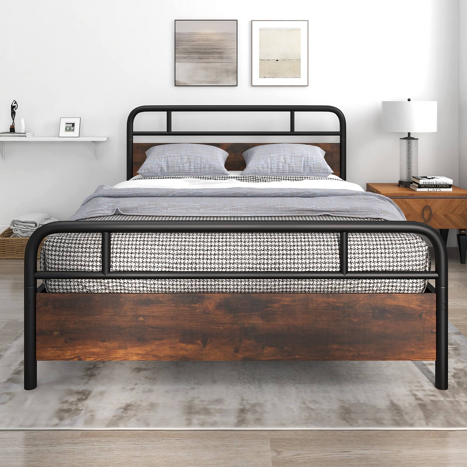 Alt View 7. Ecooso - Queen Size Bed Frame with Industrial Headboard - Brown & Black.