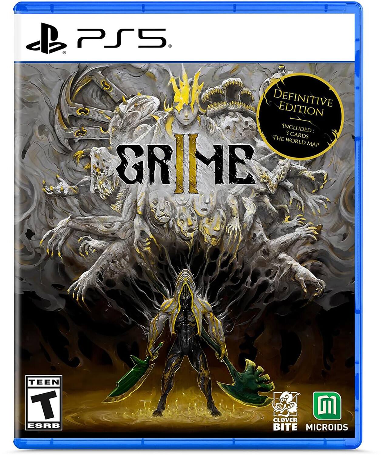 PS5  
DEFINITIVE EDITION  
INCLUDED: 3 CARDS, THE WORLD MAP  
GRIME  
TEEN T ESRB  
CLOVER BITE MICROIDS - T (Teen 13+)