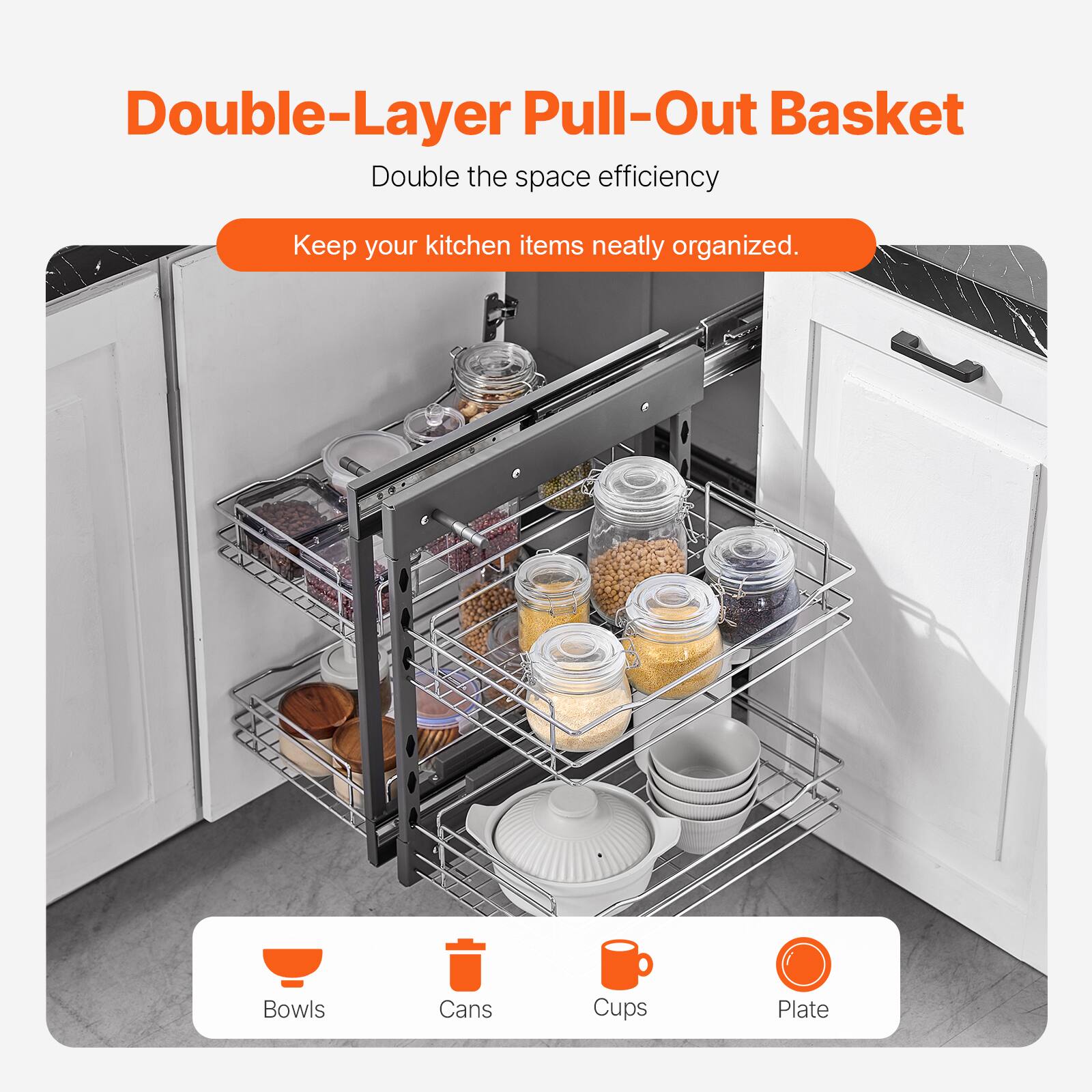 Double-Layer Pull-Out Basket  
Double the space efficiency  
Keep your kitchen items neatly organized.  

Bowls  
Cans  
Cups  
Plate