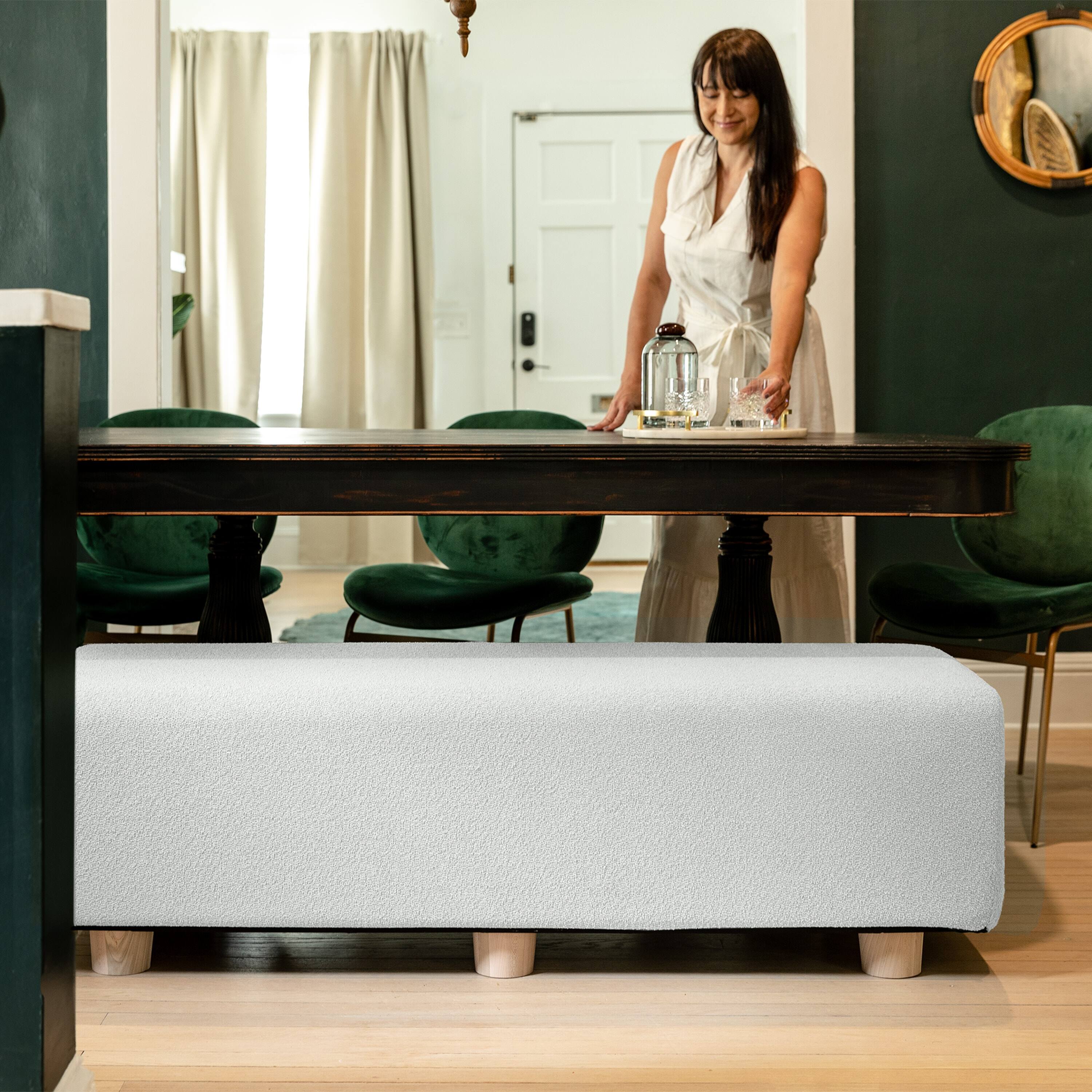 Left. Jaxx - Jaxx Caya 4-in-1 Large Bed Bench, Giant Ottoman, Dining Bench, and Yoga and Massage Platform, Queen, Boucle White - White.