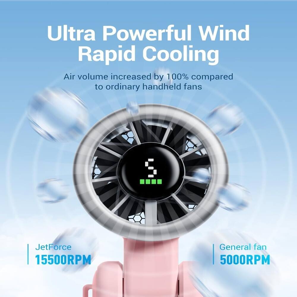 Ultra Powerful Wind Rapid Cooling  
Air volume increased by 100% compared to ordinary handheld fans  

JetForce 15500RPM  
General fan 5000RPM