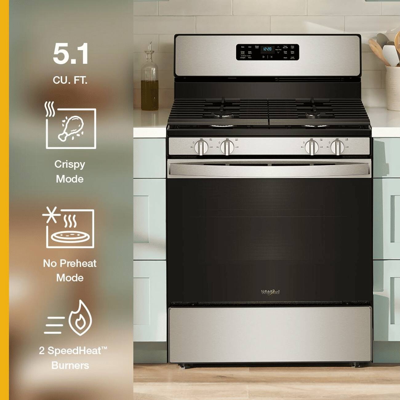 5.1 CU. FT.

Crispy Mode
No Preheat Mode
2 SpeedHeat™ Burners