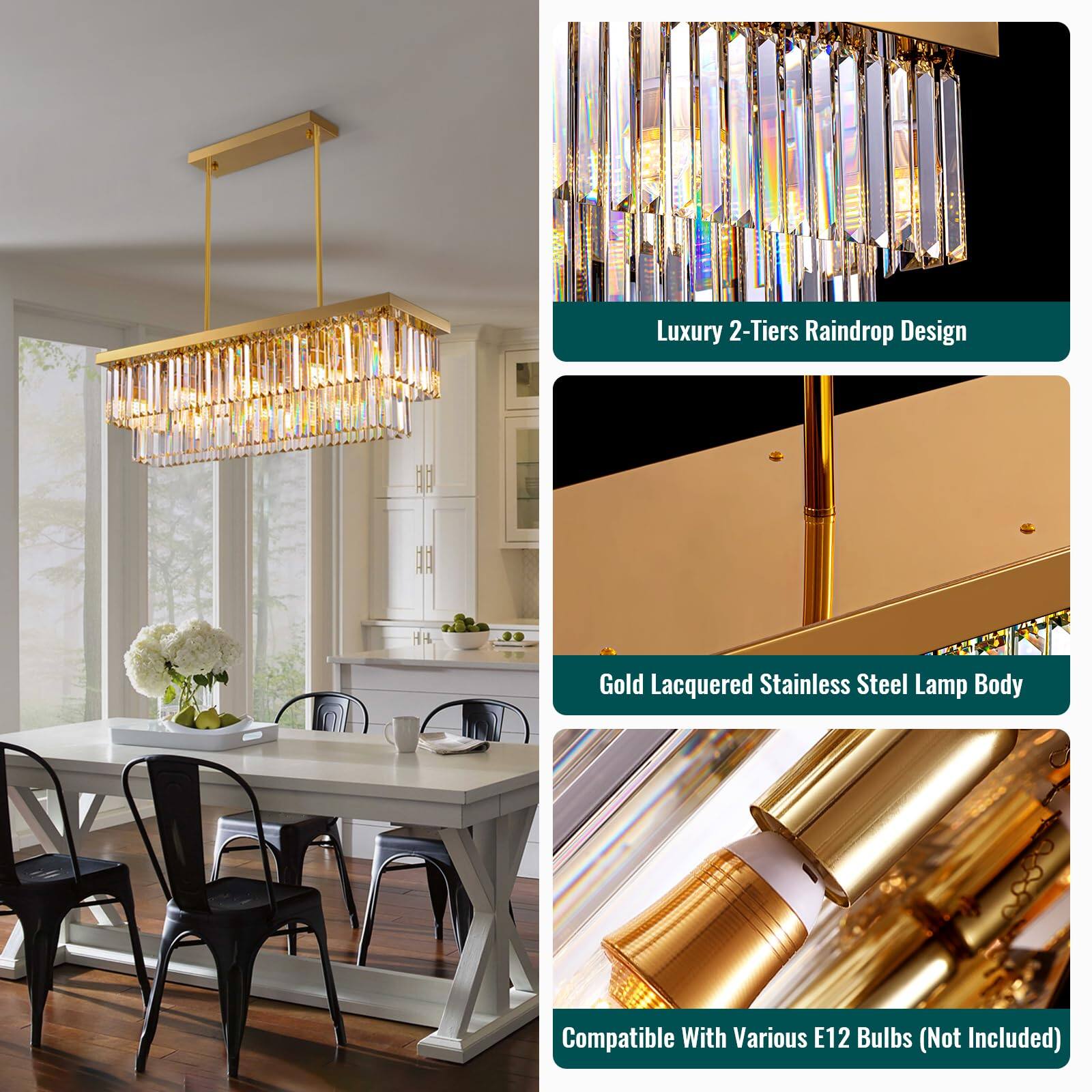 Luxury 2-Tiers Raindrop Design  
Gold Lacquered Stainless Steel Lamp Body  
Compatible With Various E12 Bulbs (Not Included)