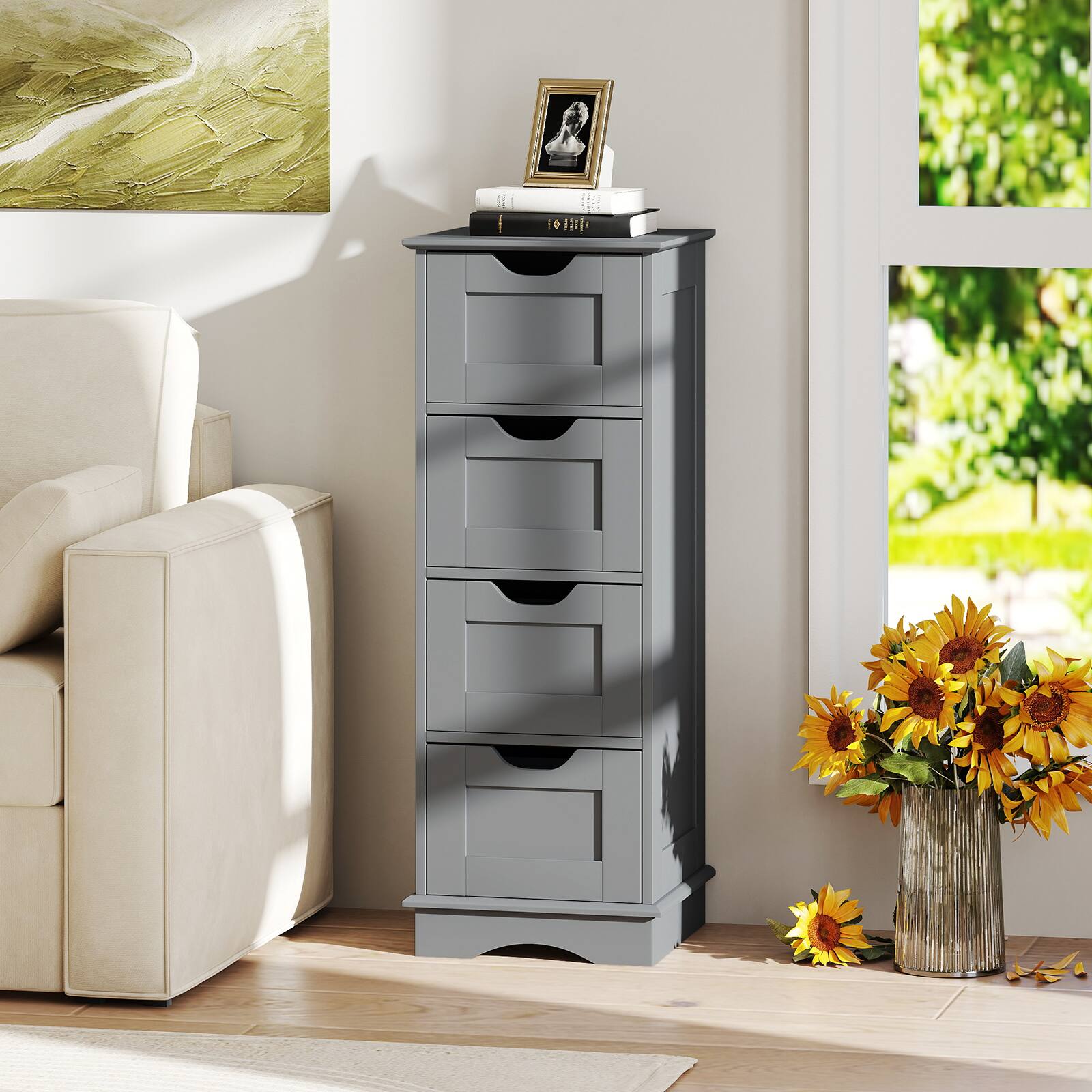 Alt View 4. Costway - Costway Bathroom Storage Cabinet with 4 Drawers, Cutout Handles for Hallway, Living Room - Gray.