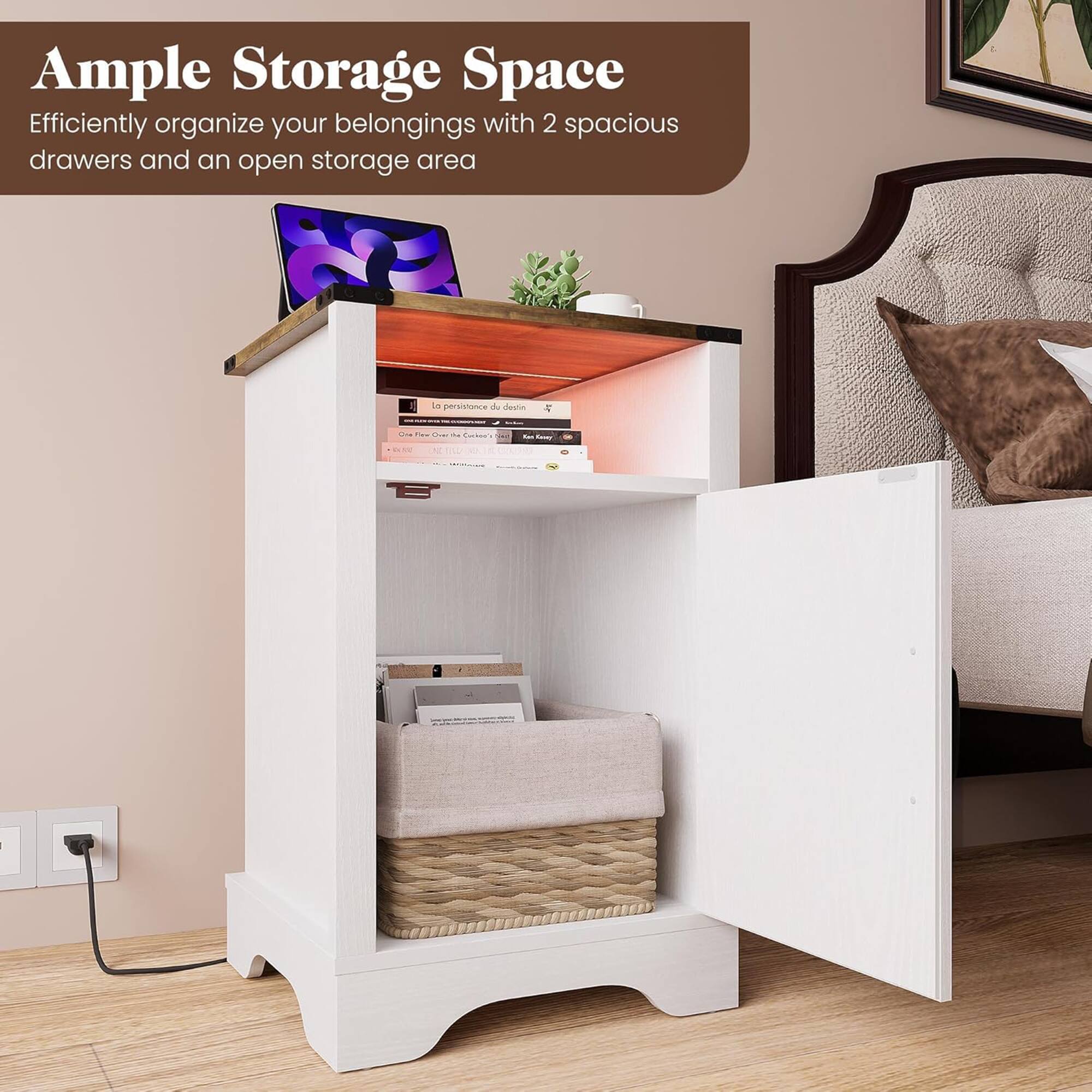 Ample Storage Space  
Efficiently organize your belongings with 2 spacious drawers and an open storage area