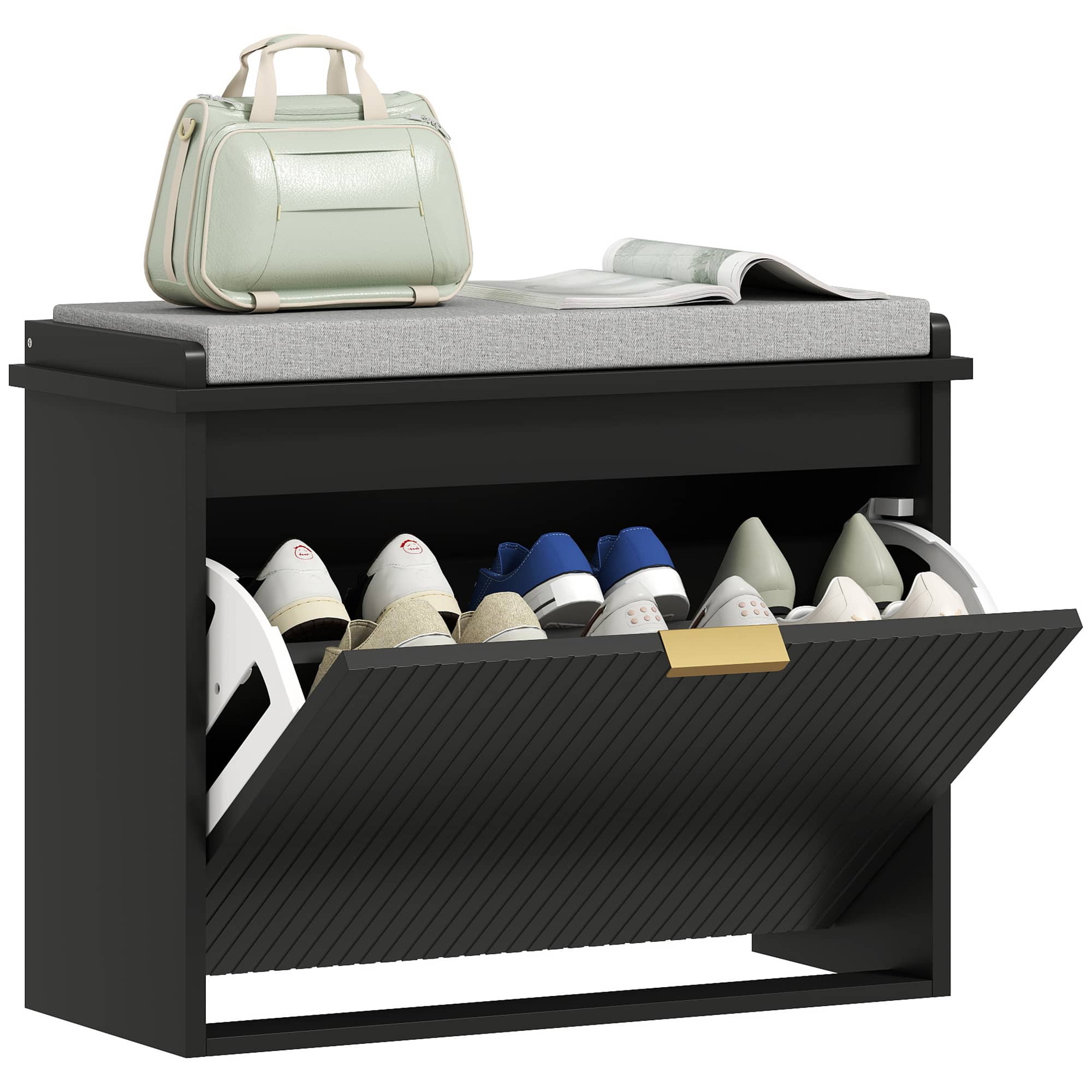 Homcom - Narrow Shoe Bench with Padded Seat Cushion and Flip-Drawer, Small Entryway Bench Holds up to 265lb, Shoe Cabinet - Black